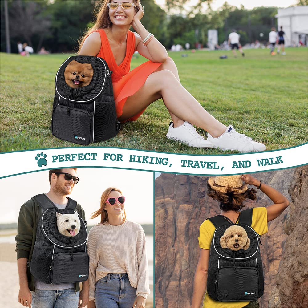 Petami Dog Front Carrier Backpack, Adjustable Dog Pet Cat Chest Carrier Backpack, Ventilated Dog Carrier For Hiking Camping Travel, Small Medium Dog Puppy Large Cat Carrying Bag, Max 15 Lbs, Black