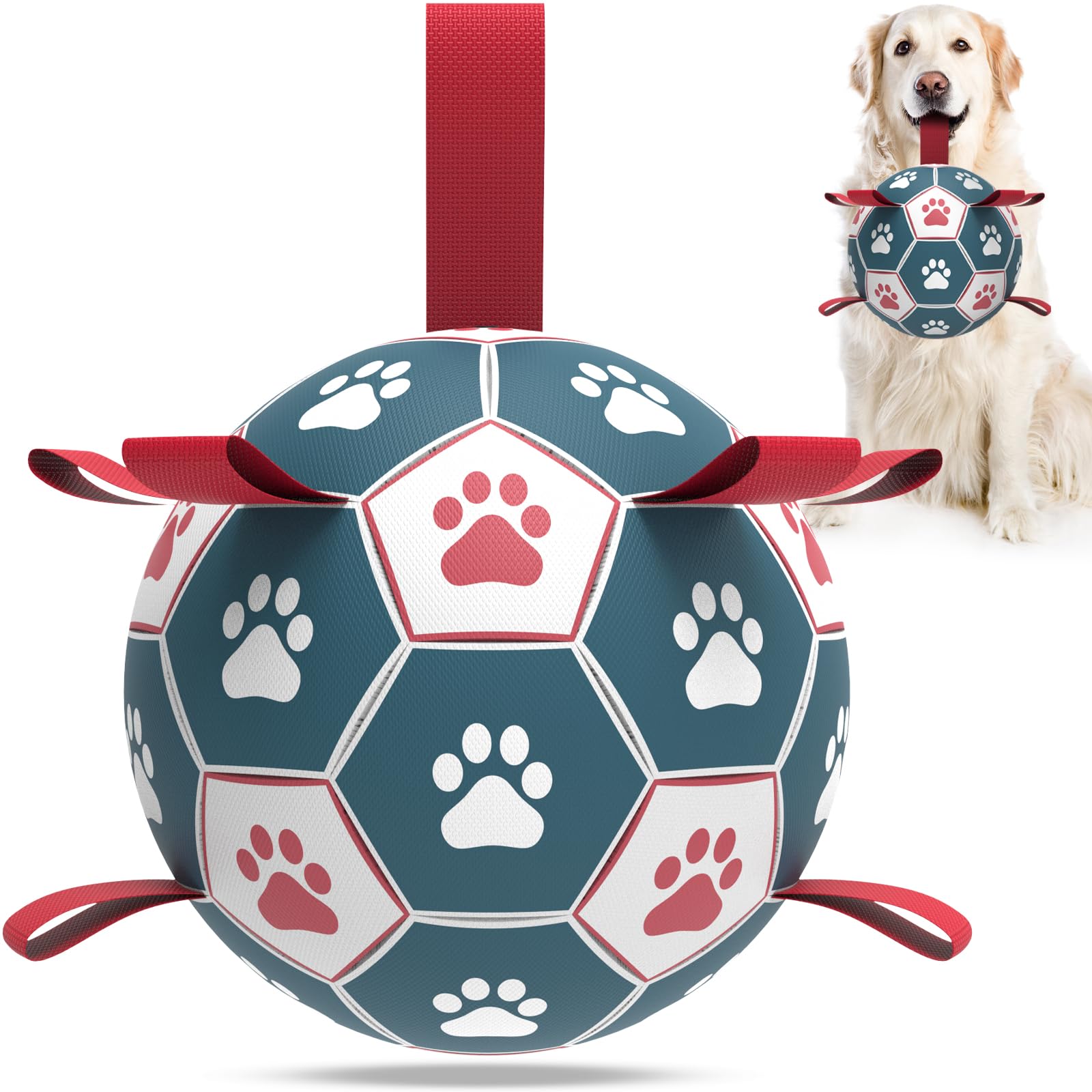 Qdan Dog Toys Extra Large Soccer Ball With Straps, Interactive Toys For Tug Of War, Puppy Birthday Toy, Dog Water Toy, Dog Balls For Large Dog -Blue&Red (9 Inch)