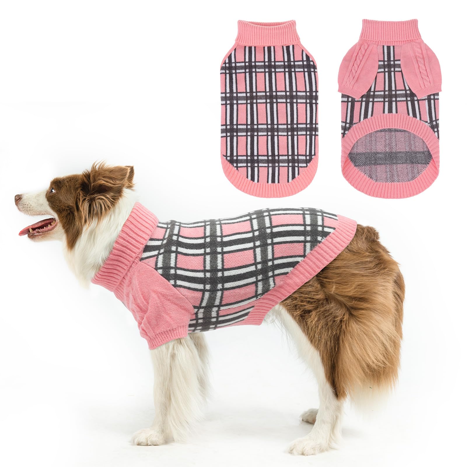Scenereal Plaid Large Dog Sweater, Cable Knitted Pullover For Boys & Girls In Winter, Big Turtleneck Thick Warm Clothes, Outfit 