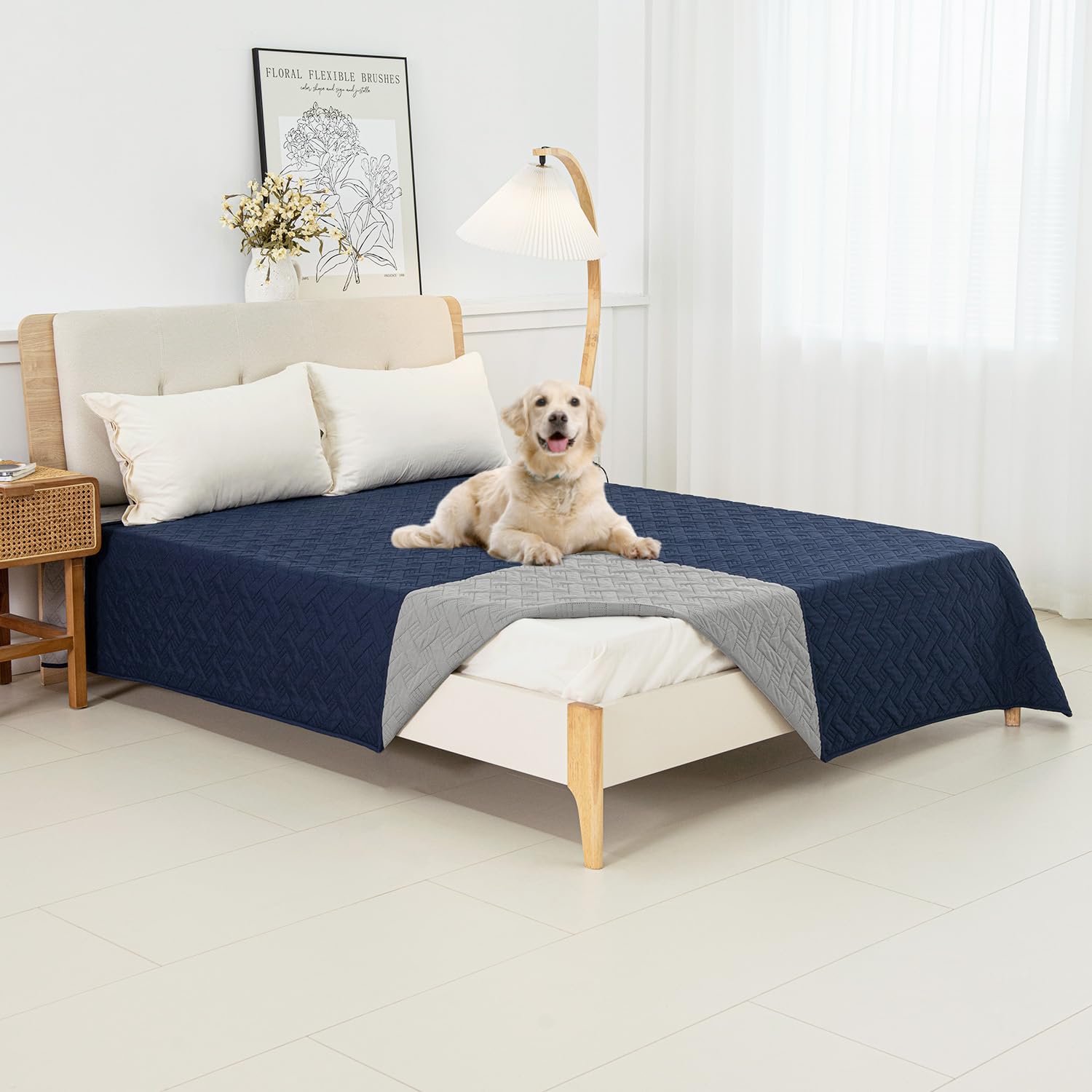 Boctopug Dog Bed Cover For Pets Blankets Rug Pads For Couch Protection Waterproof Bed Covers Dog Blanket Furniture Protector Reusable Changing Pad (Navy Blue+Light Grey, 82'X82')