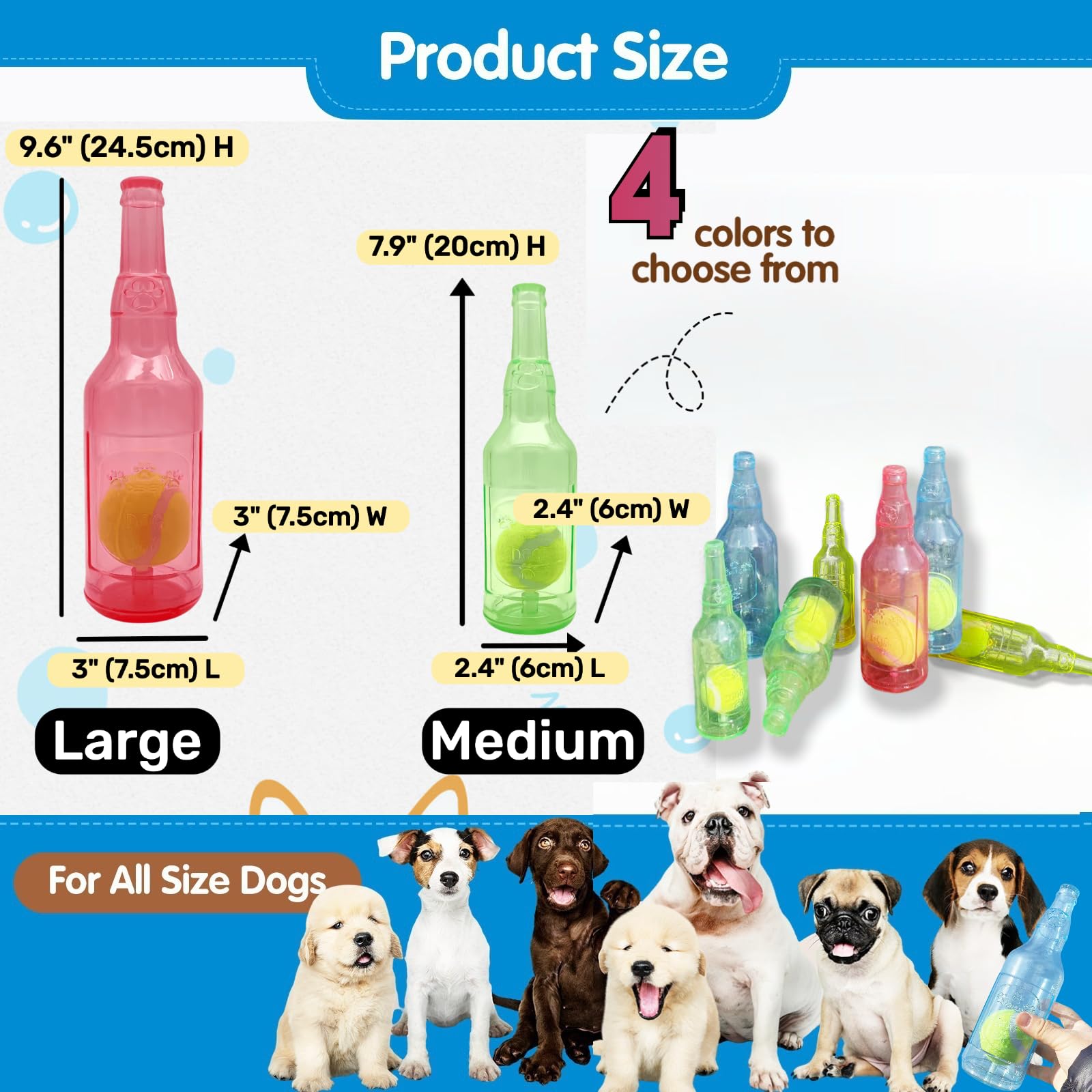 Cute Tough Dog Toy Rubber Bottle Squeaky Dogs Chew Toy Long Lasting Interactive Fetch Toy For Teething Tennis Ball Included (Blu