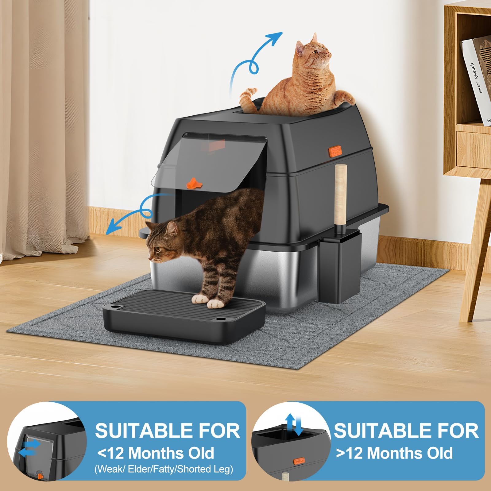 Stainless Steel Litter Box With Lid,Front Entry Top Exit Kitty Litterbox,Extra Large Enclosed Metal Cat Box With Litter Scoop &