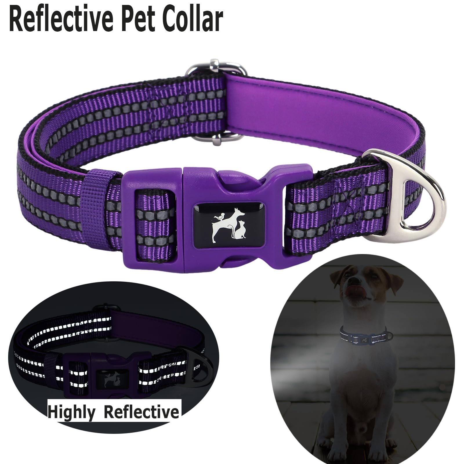Onefojojo Reflective Dog Collars,Soft Neoprene Breathable Quick Release Basic Dog Collars For Medium Large Extra Large Dogs (Pur