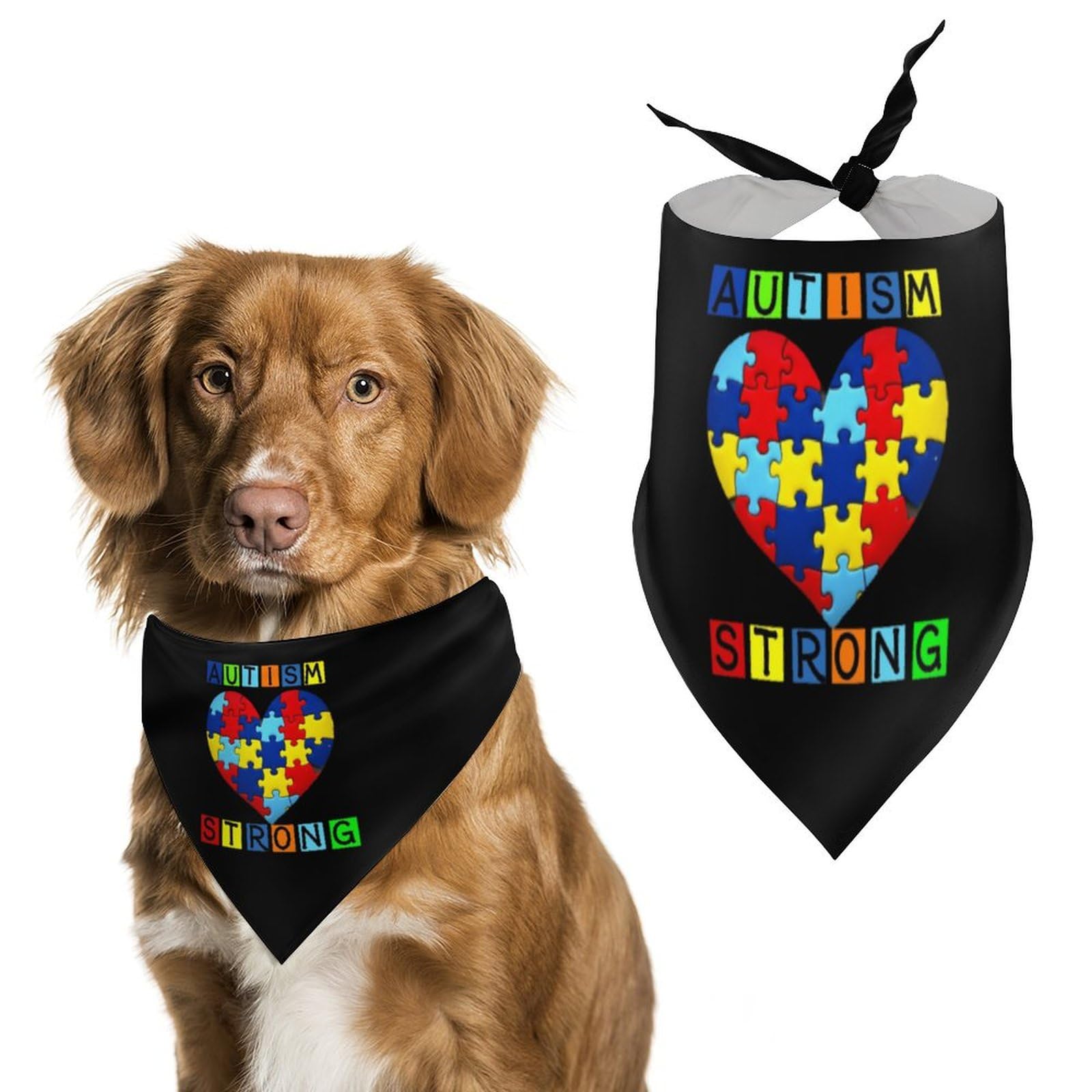 Dog Bandanas Autism Strong Heart Puzzle Piece Awareness (2) Puppy Pet V-Neck Bibs Scarf Triangle Adjustable Kerchief Accessories
