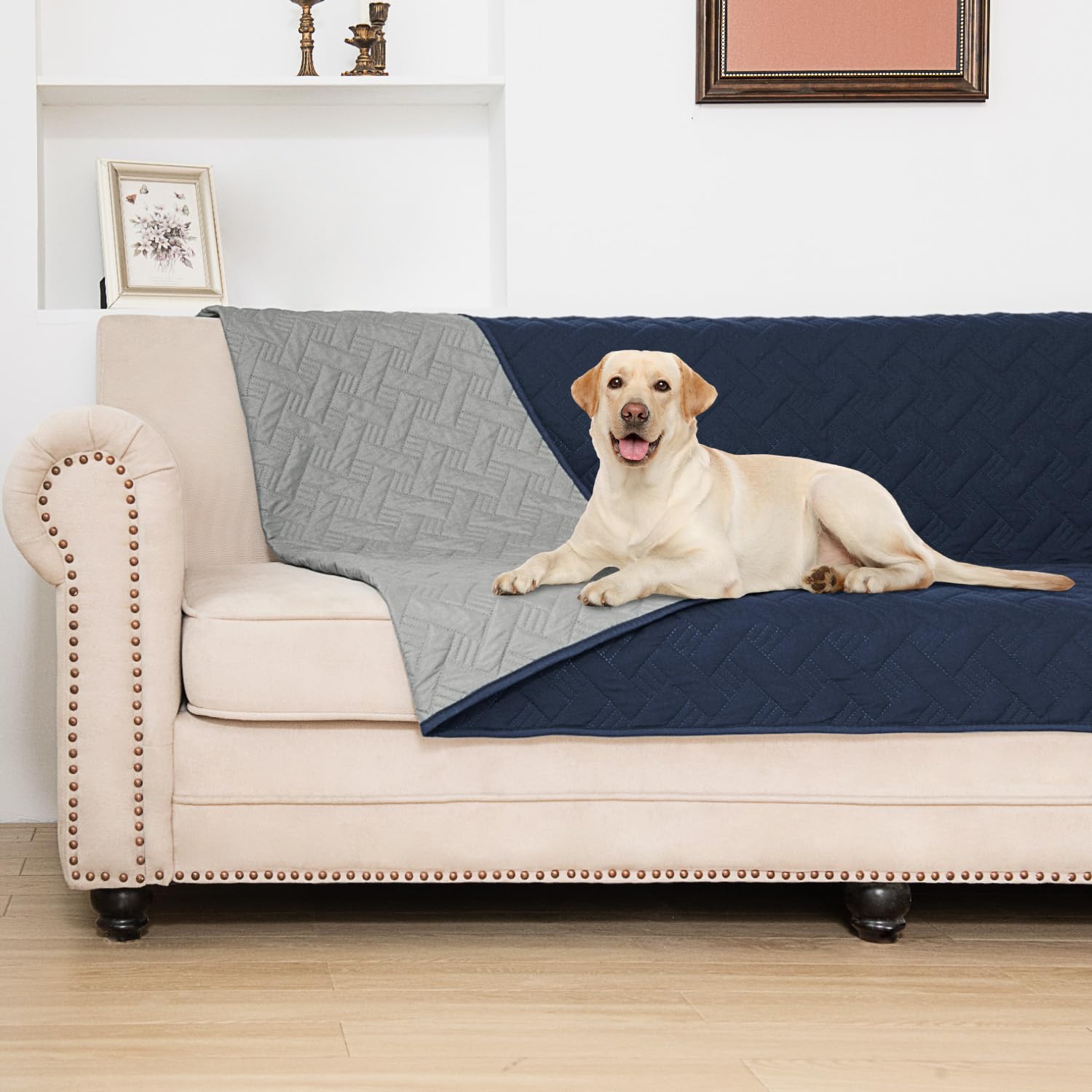 Boctopug Dog Bed Cover For Pets Blankets Rug Pads For Couch Protection Waterproof Bed Covers Dog Blanket Furniture Protector Reusable Changing Pad (Navy Blue+Light Grey, 82'X82')