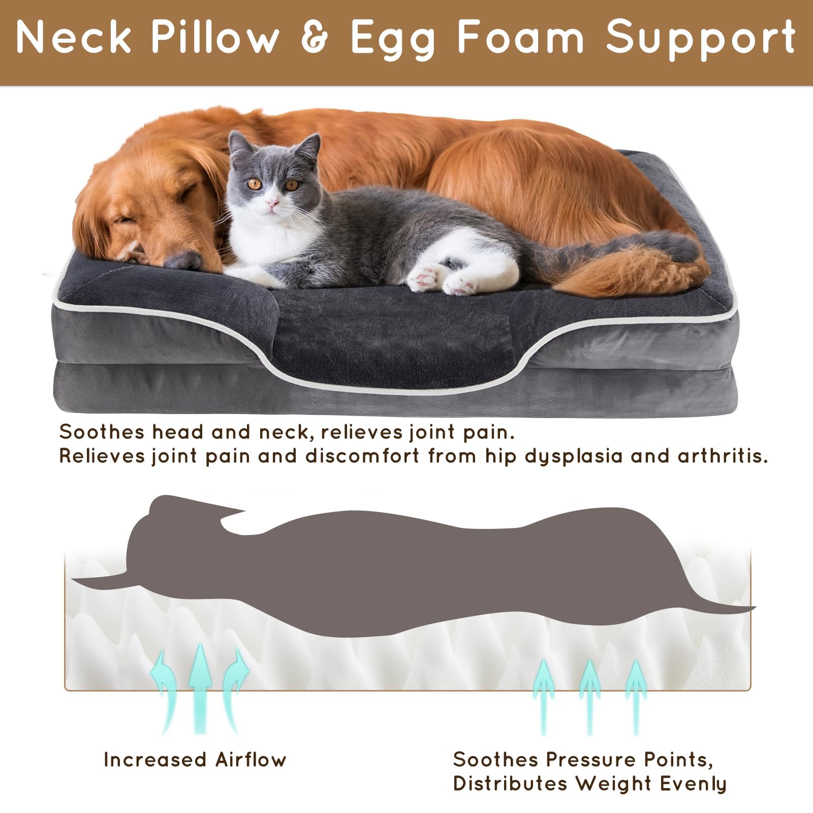 Fluffydream 28'' Orthopedic Dog Bed, Memory Egg-Crate Foam Dog Bed With Washable Removable Cover, Grey