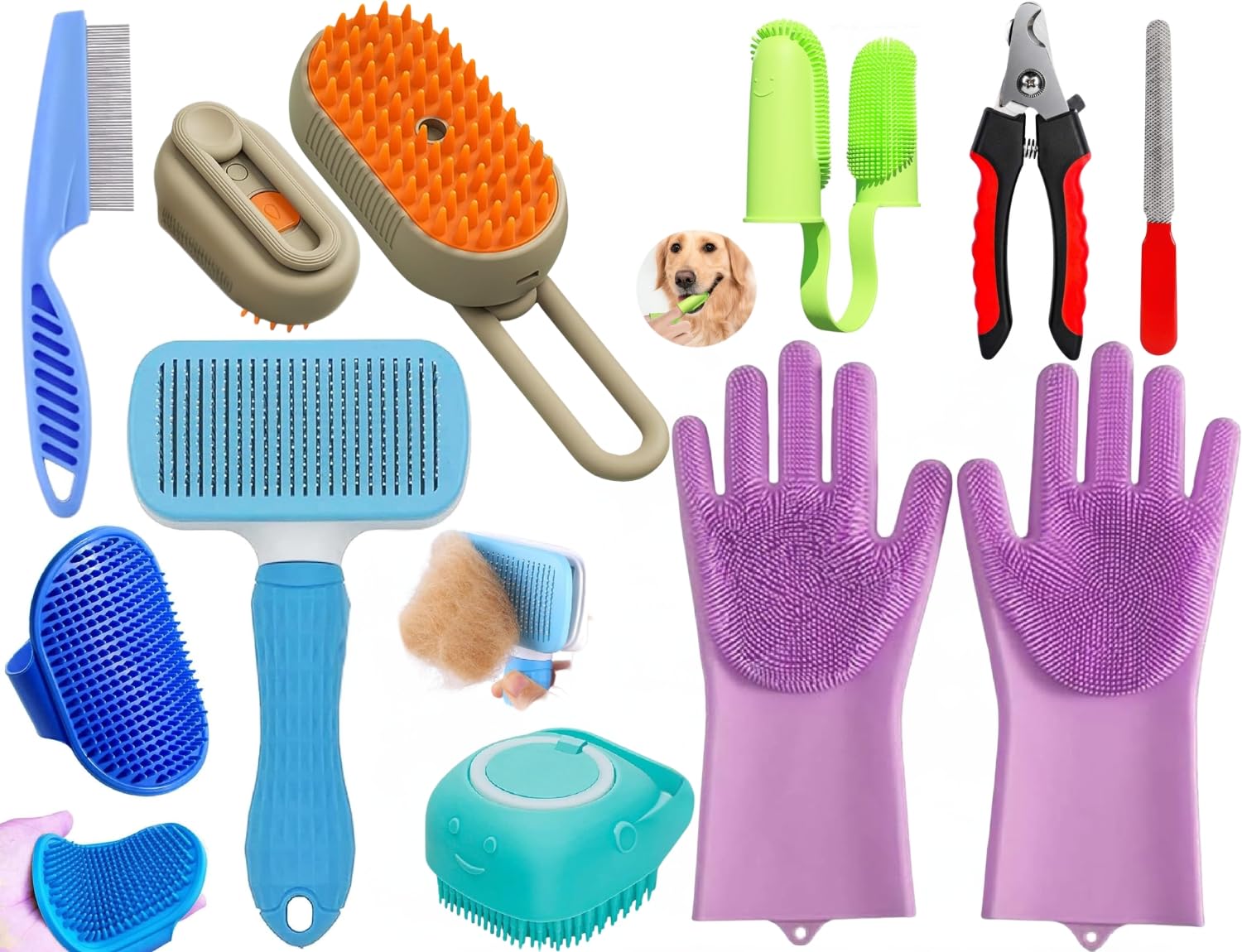 9 In 1 Grooming, Bathing & Nail Cutting Kit For Dogs & Cats  Includes Pet Comb Brush, 3 In 1 Pet Steam Brush, Cat Comb, Silicon