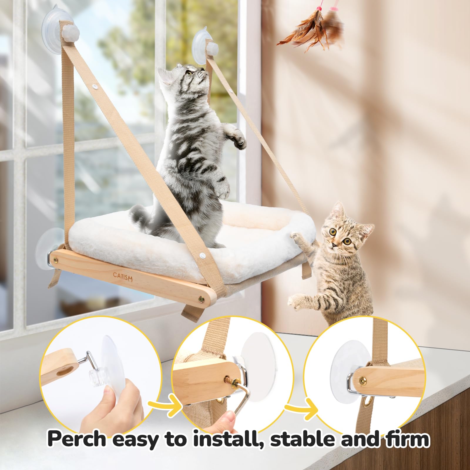 CATISM Cat Window Perch - Hammock - Window - Seat - Home - Cat Bed for Small to Medium Indoor Cats, Wooden, Machine Washable Cov