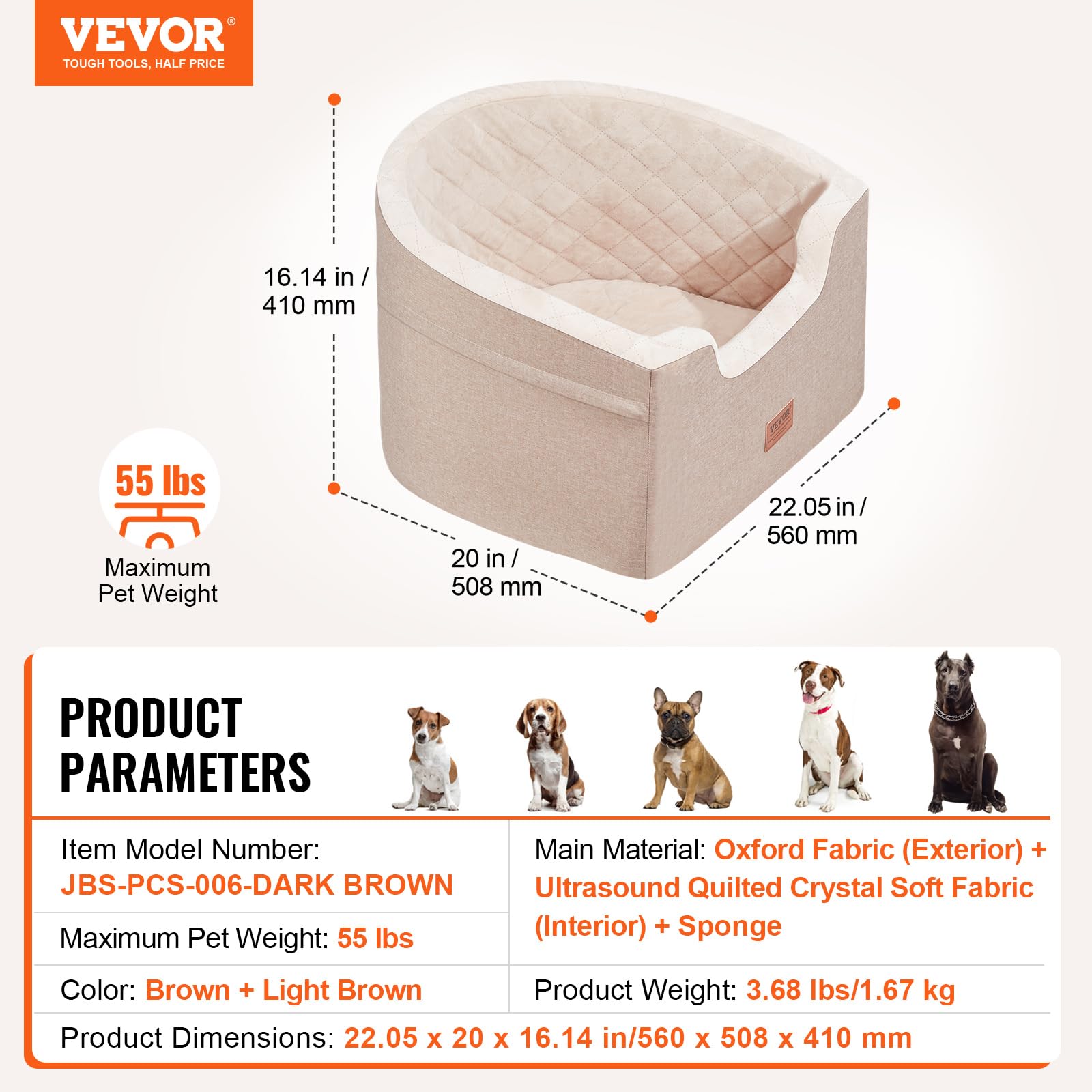 Vevor Dog Booster Car Seat Pet Car Seat For Small Medium Dog Up To 55 Lbs Brown