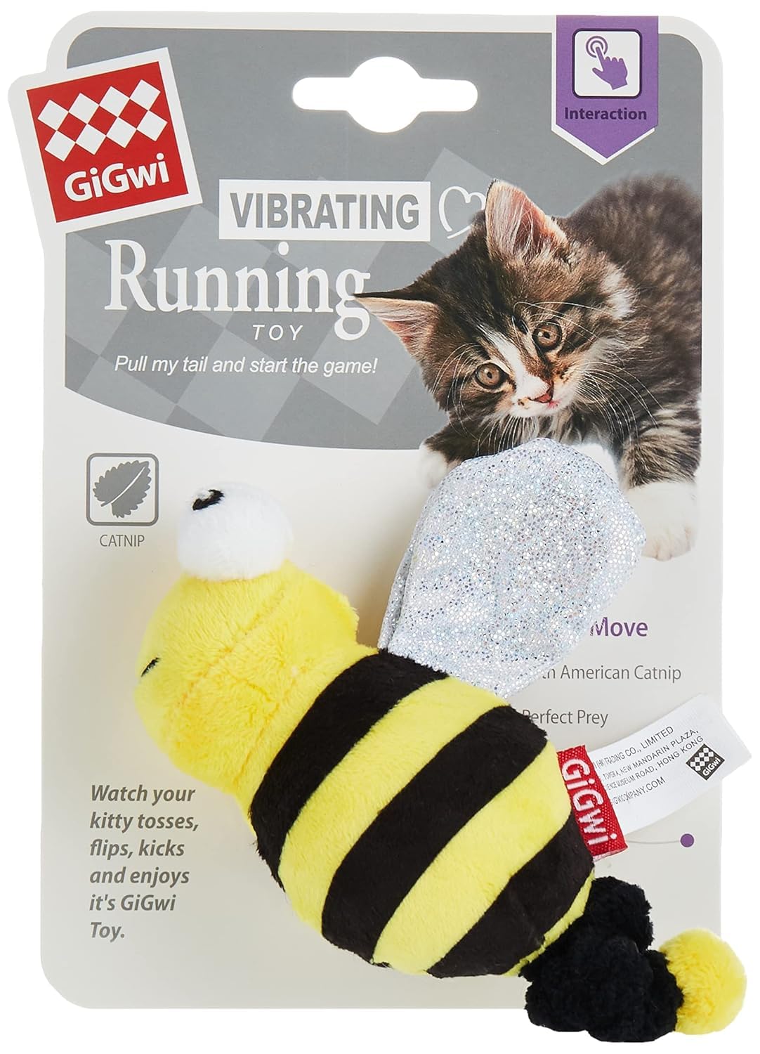 Gigwi Vibrating Running Bee Cat Toy, MotionActivated Vibrating Toy With Realistic Bug Shape, Filled With Organic American Catni