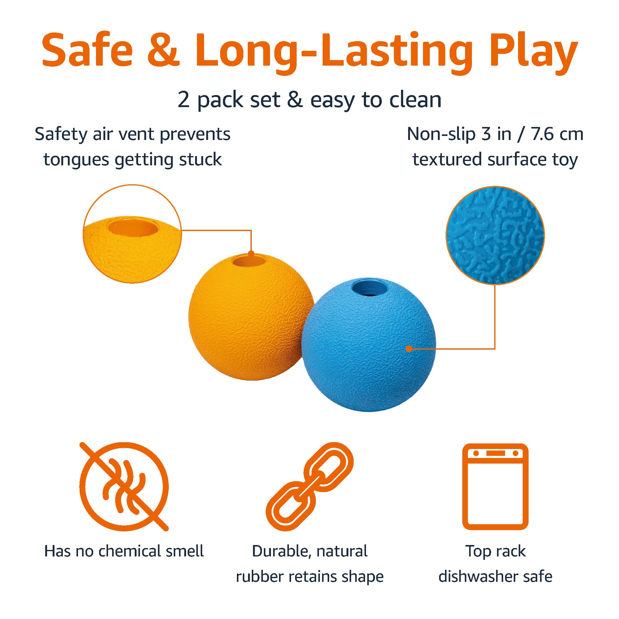 Amazon Basics Dog Toys, Interactive Fetch Rubber Balls, (Pack Of 2), 3 Inch, Blue, Orange