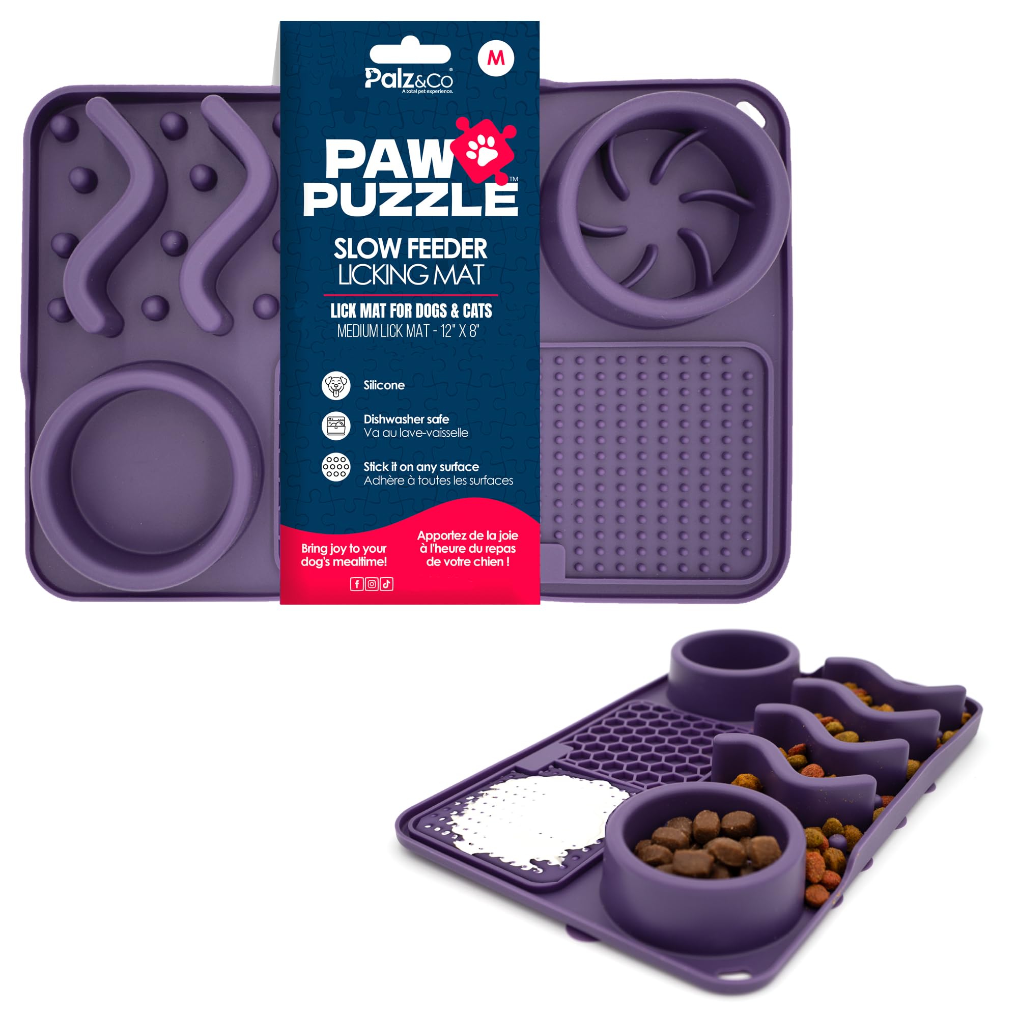 Palz&Co Paw Puzzle 2-in-1 Slow Feeder & Lick Mat for Dogs and Cats, Dry and Wet Food, Dishwasher Safe Silicone, Medium 12x8, Pur