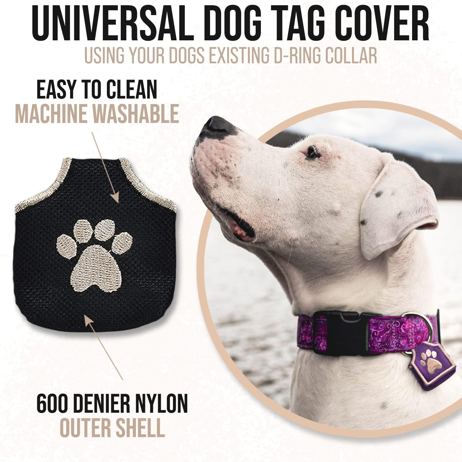 Woofhoof Dog Tag Silencer, Black Pawprint - Quiet Noisy Pet Tags - Fits Up to Four Pet IDs - Dog Tag Cover Protects Metal Pet ID
