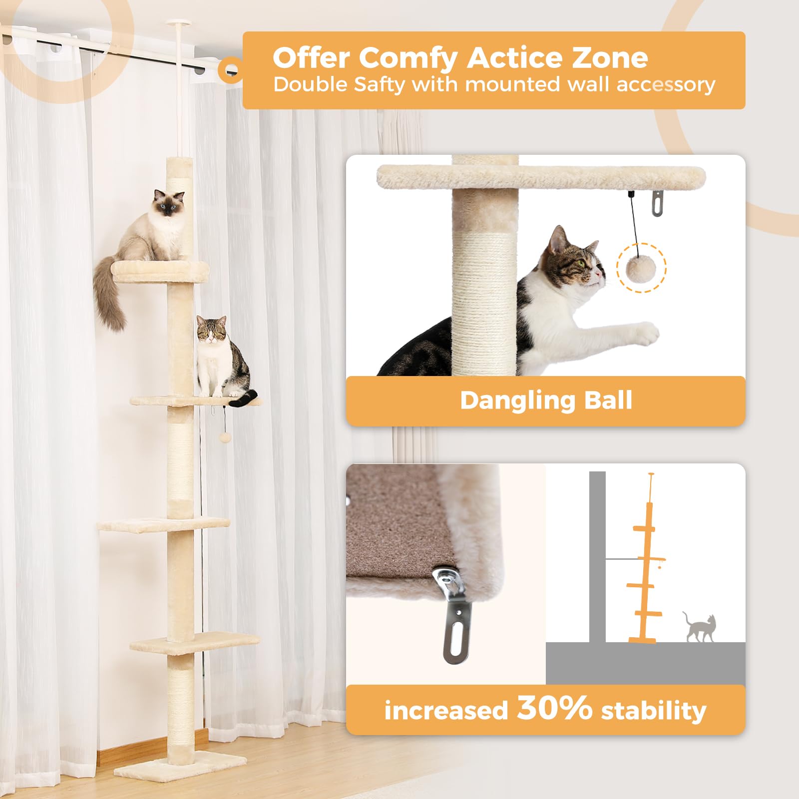 PETEPELA Cat Tree 5-Tier Adjustable Tower (95-108") - Beige Plush Activity Center with Scratching Post & Cozy Bed