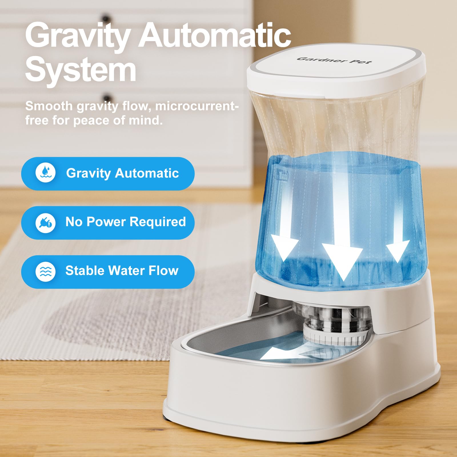 Gardner Pet Automatic Gravity Water Dispenser for Dogs, 1 Gallon, Pearl White, BPA-Free, Model GP01B1724WH