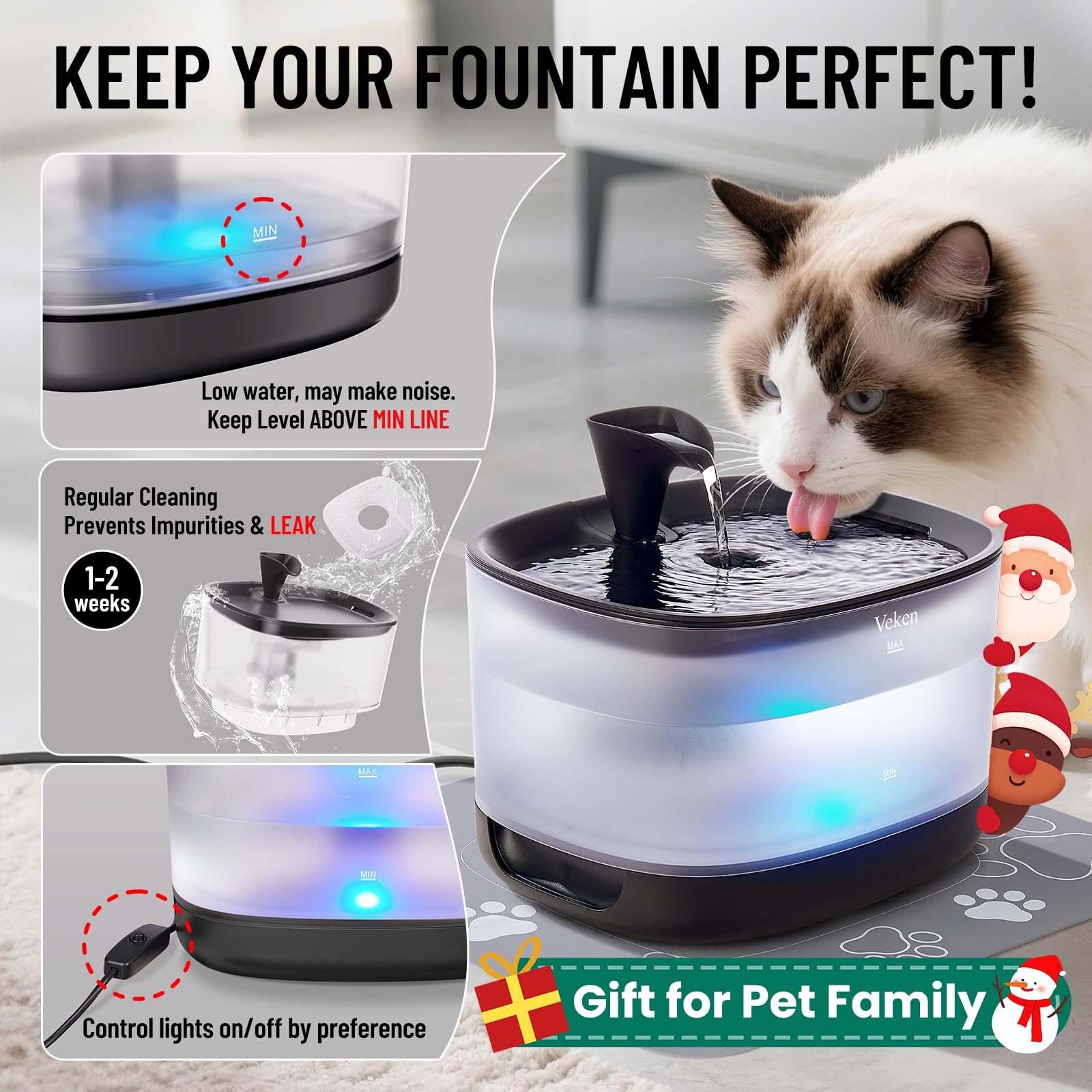 Veken Cat Water Fountain with Detachable Tank, 6 Filters & 6 Sponges, Easy to Clean & Assemble, 84oz/2.5L Pet Drinking Dispenser