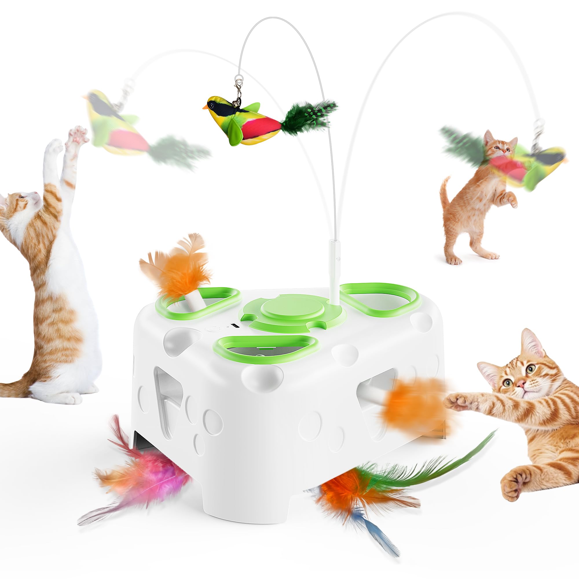Panrio Interactive Toys For Indoor Cats,3-In-1 Cheese-Shaped Automatic Cat Toy,Flying Bird,6 Holes Whack A Mole,Rotating Feather