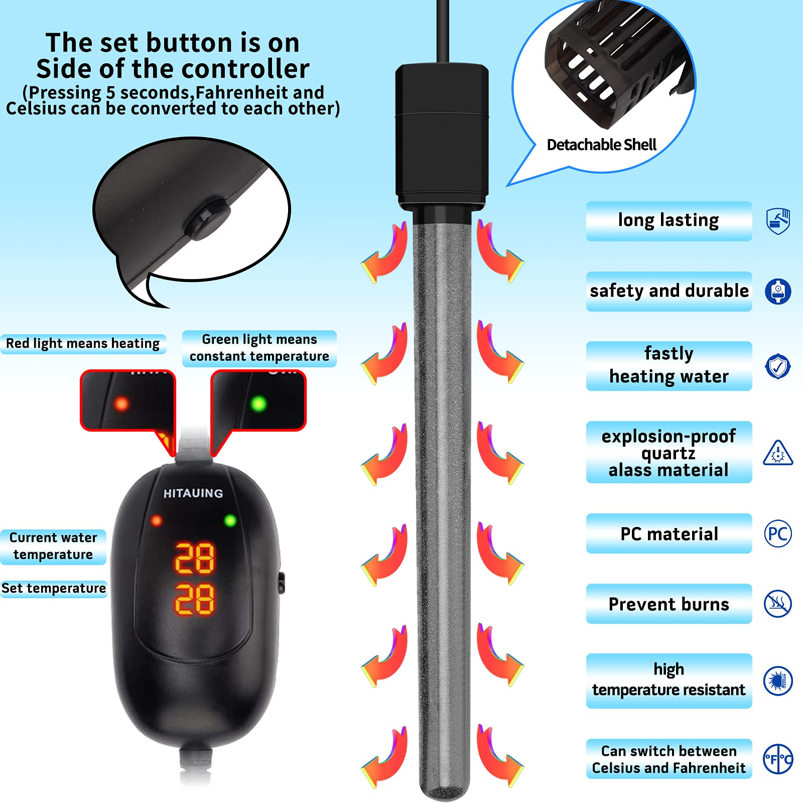 Hitauing Aquarium Heater, 50W/100W/200W/300W/500W Submersible Fish Tank Heater With Over-Temperature Protection And Automatic Po