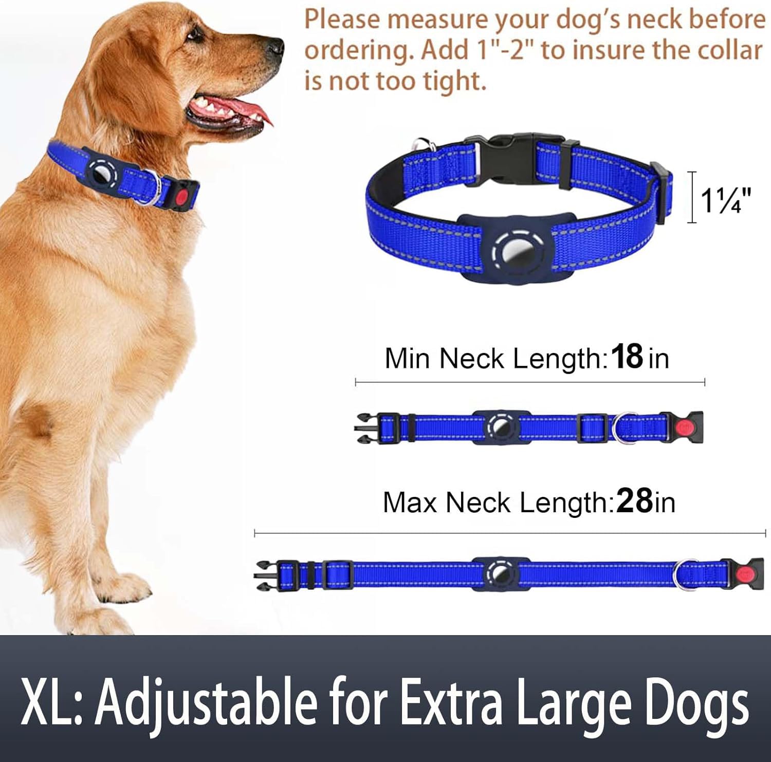 Erbine Airtag Dog Collar For Large Dogs, Reflective Dog Collars With Airtag Holder, Soft Padded & Safety Locking Buckle, Nylon Pet Collar Adjustable For All Breeds, Navyblue