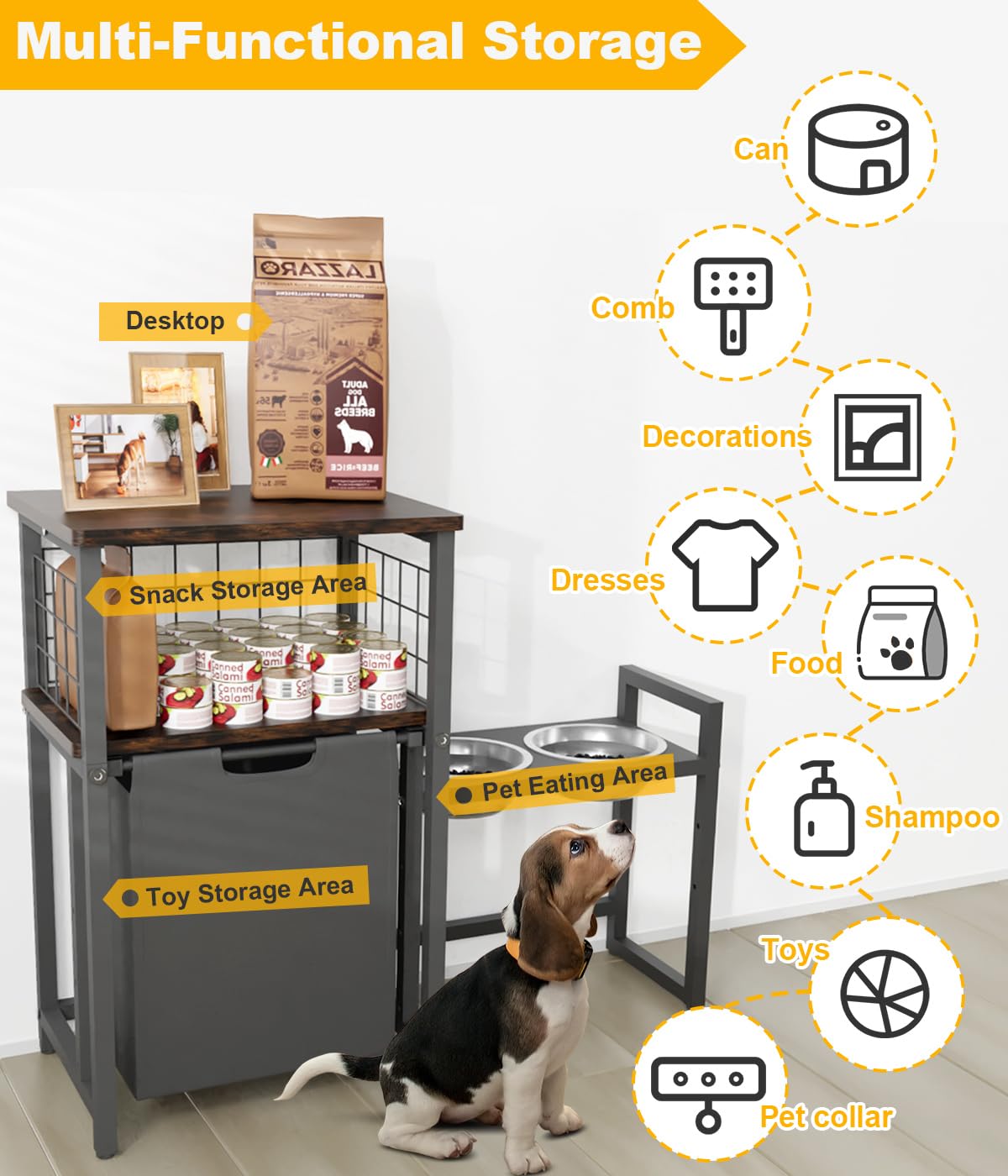 Sungaryard Elevated Dog Bowls Toy Basket Pet Feeding Station, Adjustable Dog Raised Bowl Stand with Pet Storage Organizer for La