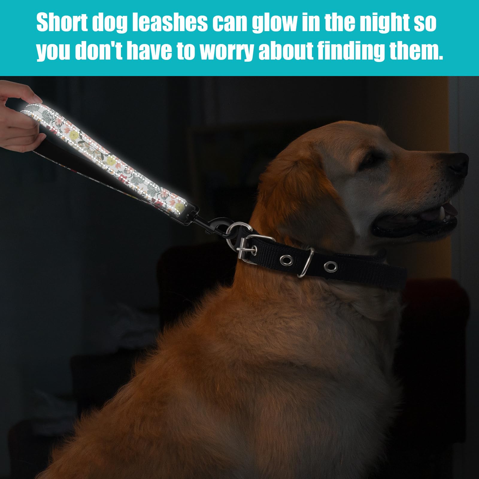 Short Dog Leash With Reflective Nylon Padded Handle - Ideal For Training And Control Of Large And Medium Dogs (White Flowers)