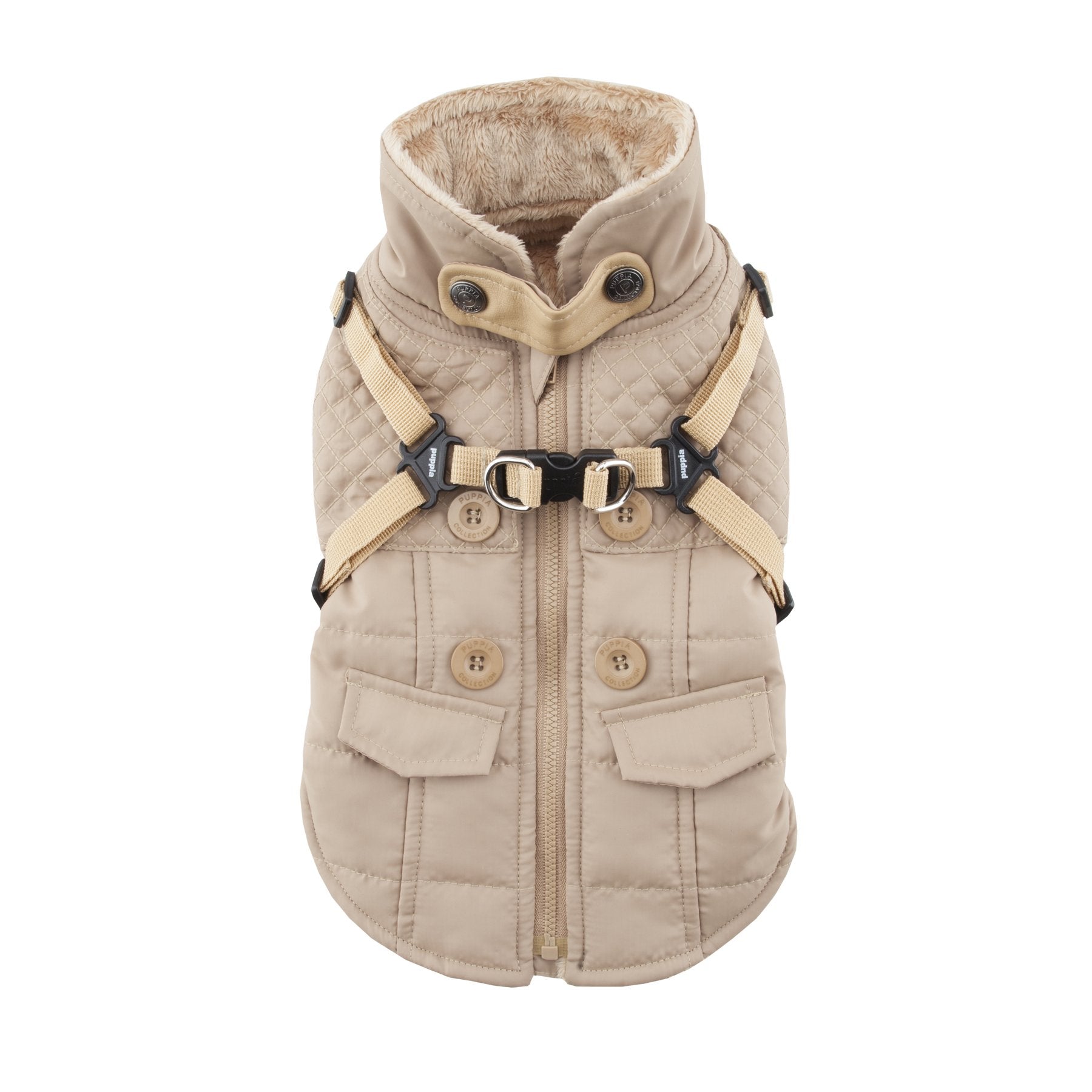 Puppia Wilkes Winter Dog Coat With Integrated Harness No Pull Cold Weather Waterproof Warm Fleece Back Zipper For Small & Medium Dog, Beige, X-Large