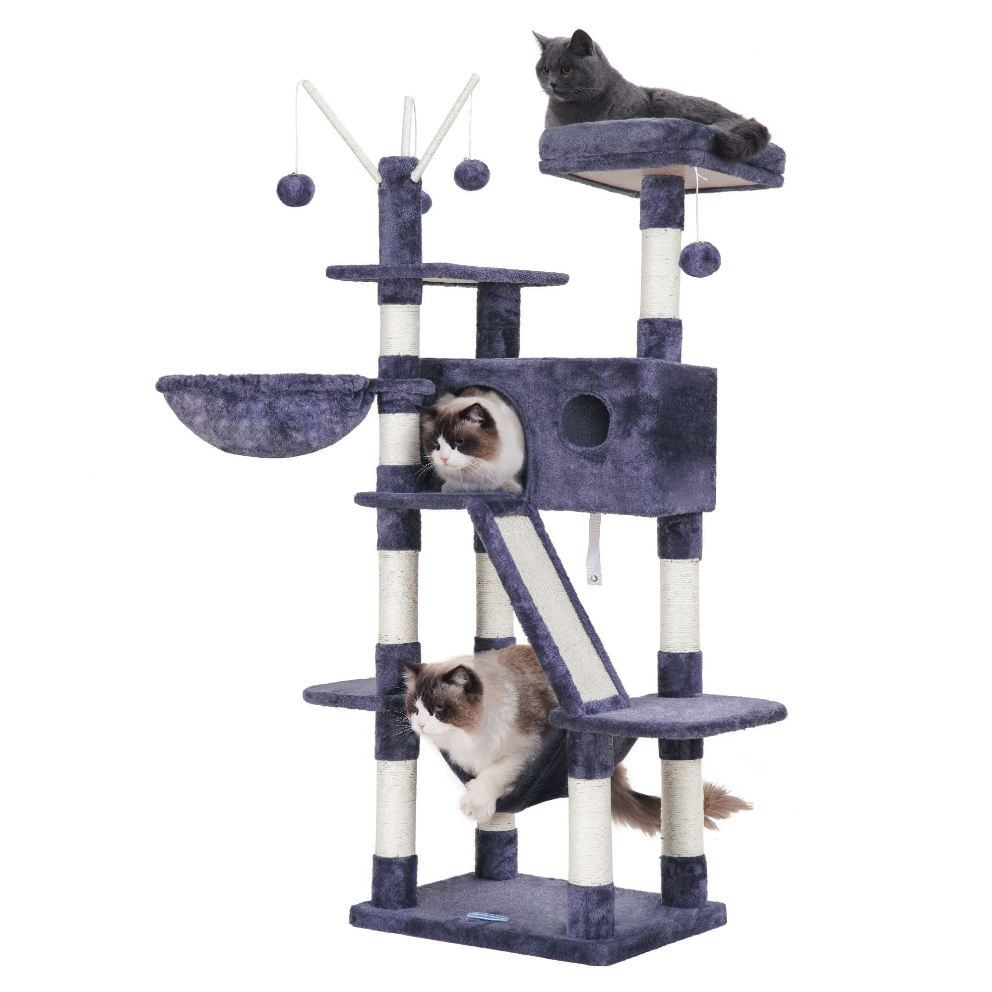 Hey-Brother Cat Tree, 61 Inch Cat Tower For Indoor Cats, Cat House With Padded Platform Bed, Toy Balls, Large Cozy Condo, Hammocks And Sisal Scratching Posts, Smoky Gray Mpj019G