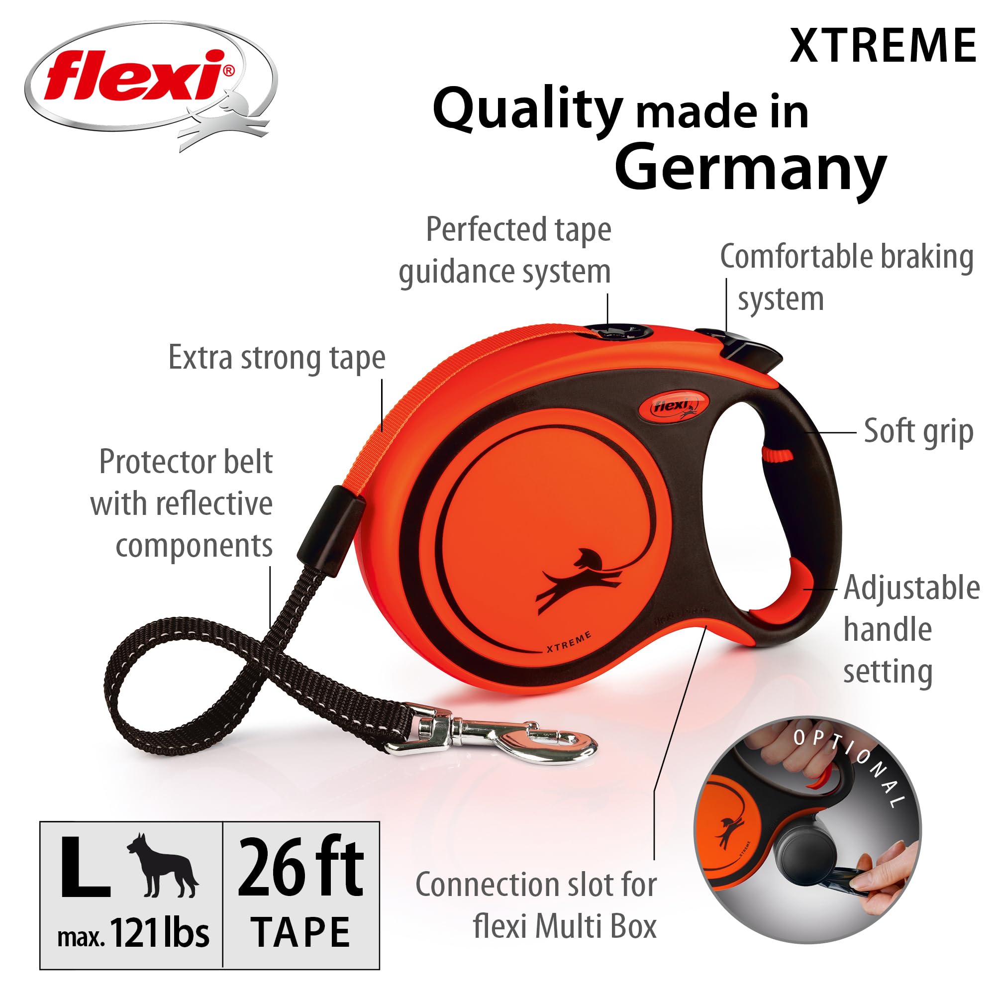 FLEXI Xtreme Retractable Dog Leash - Large 26 ft, Orange/Black, Tangle-Free, One-Handed Brake, Nylon, Model XT33T8.250.OR
