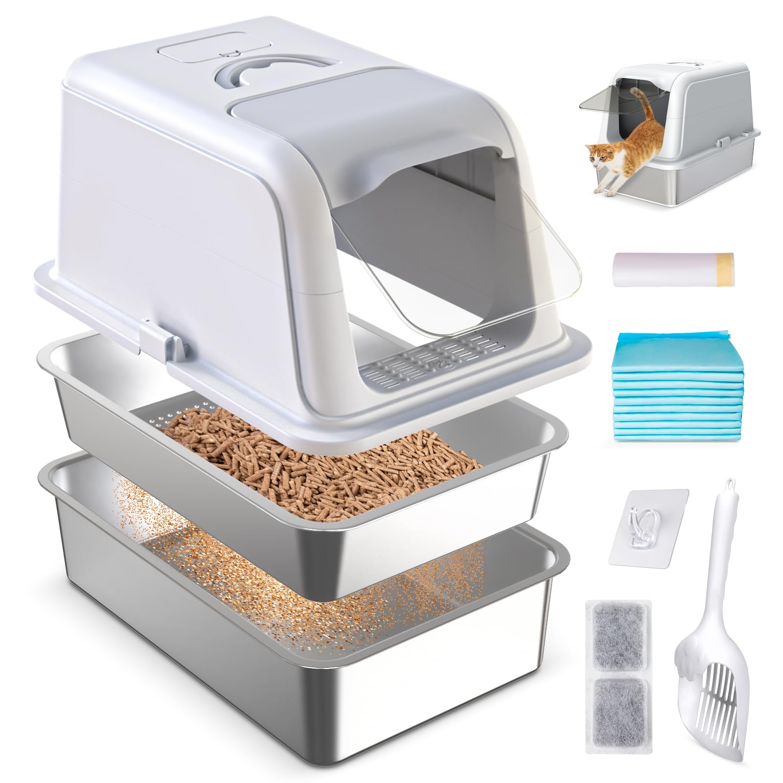 Stainless Steel Sifting Cat Litter Box With Lid, Xl Fully Enclosed Multi-Purpose Metal Sifting Litter Box For Big Cats, Anti-Lea