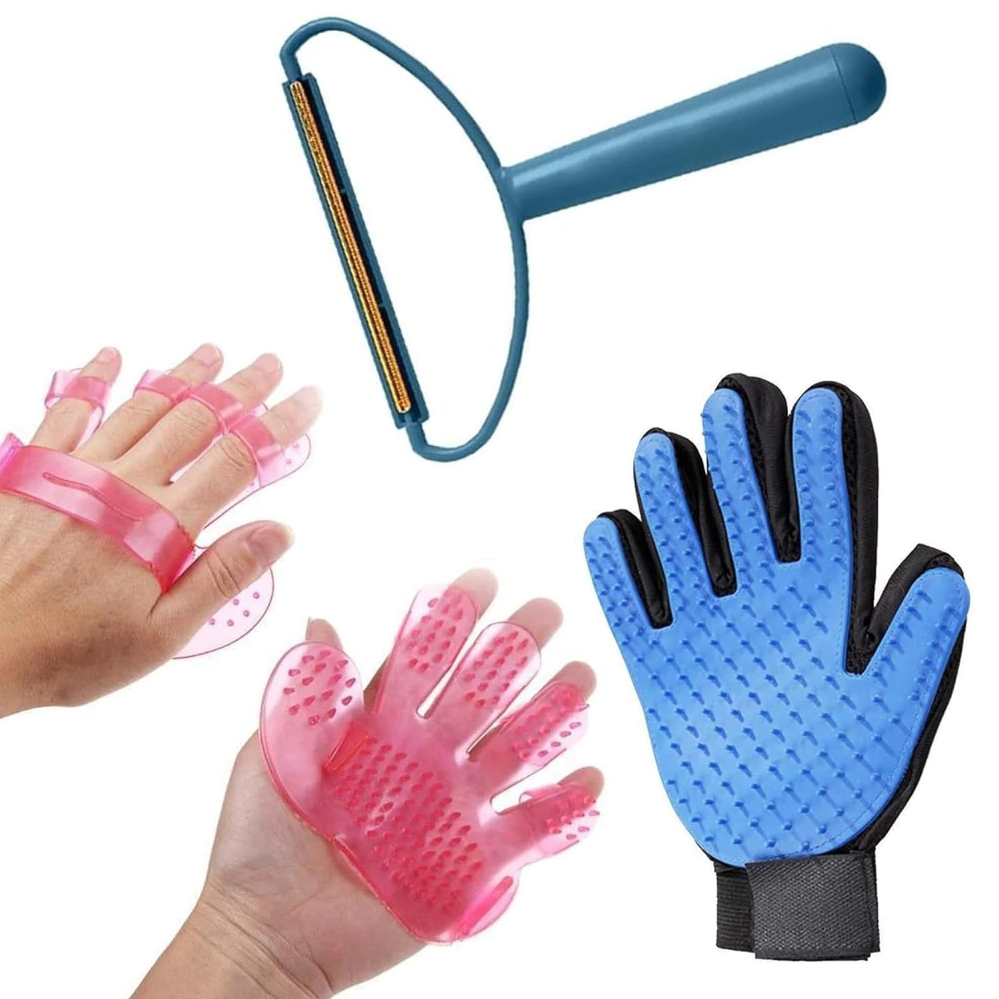 Sulfar Pet Care Combo Cleaning Massage Brush, Deshedding Hand Gloves & Lint Remover Roller AllInOne Grooming Kit For Cats & Do