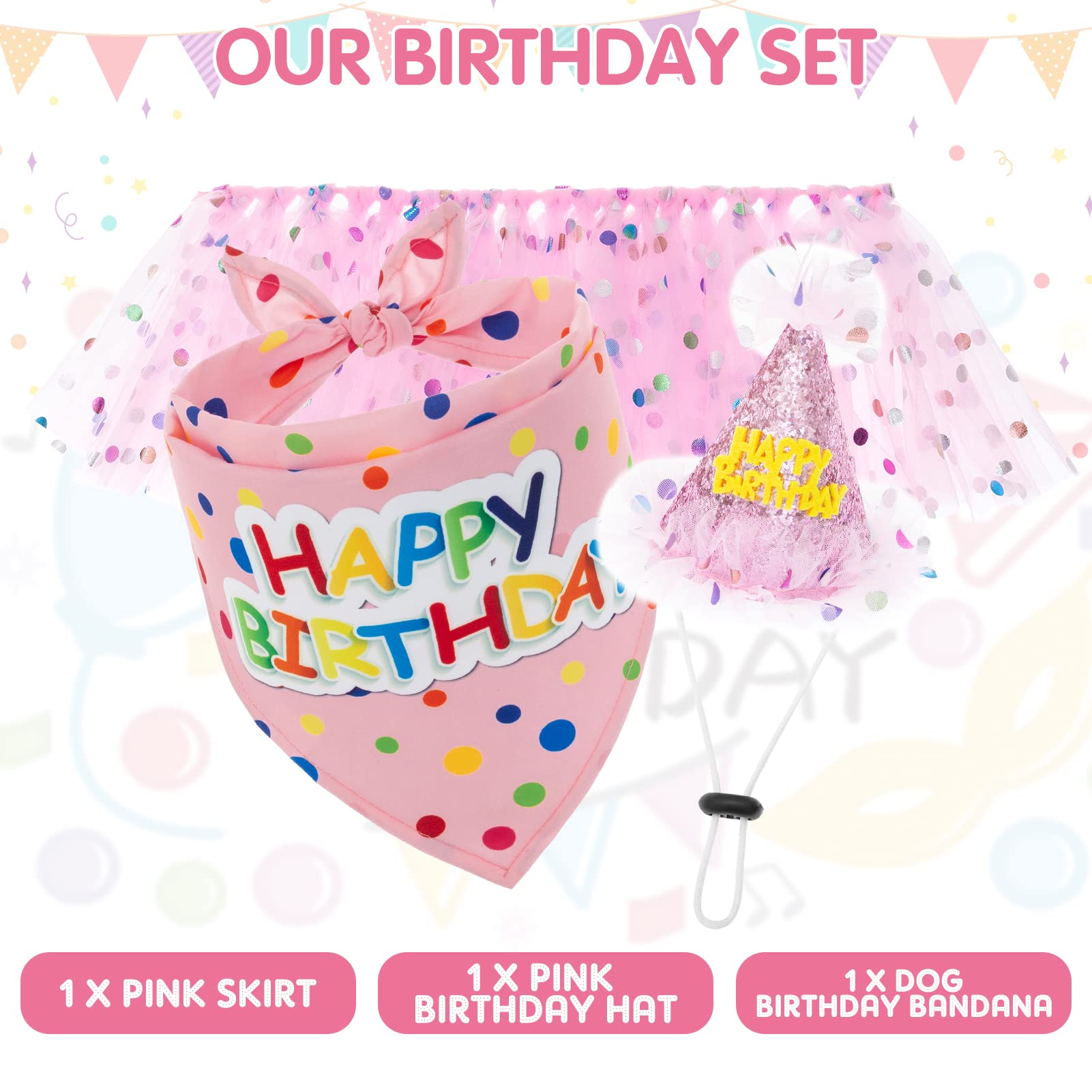 SCENEREAL Dog Birthday Bandana with Hat and Dress Girl Set, Puppy Birthday Party Supplies, Cute Pink Tutu Skirt Outfit for Small