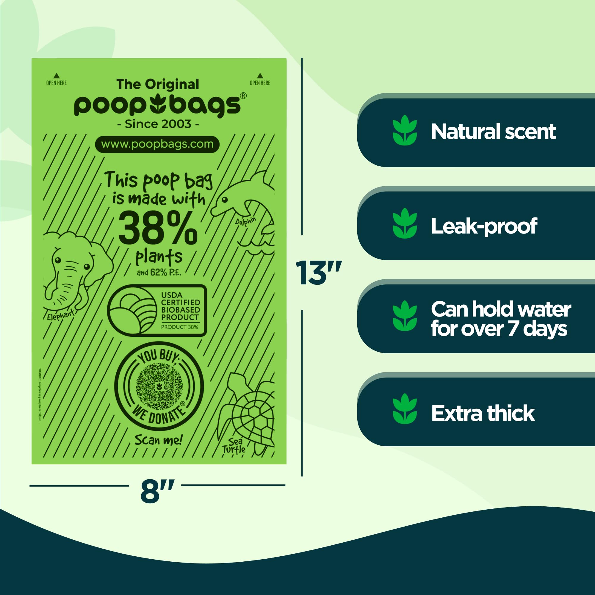 The Original Poop Bags Usda Certified 38% Plant-Based Dog Poop Bag Refills, Single Bulk Roll, Unscented, 3600 Count