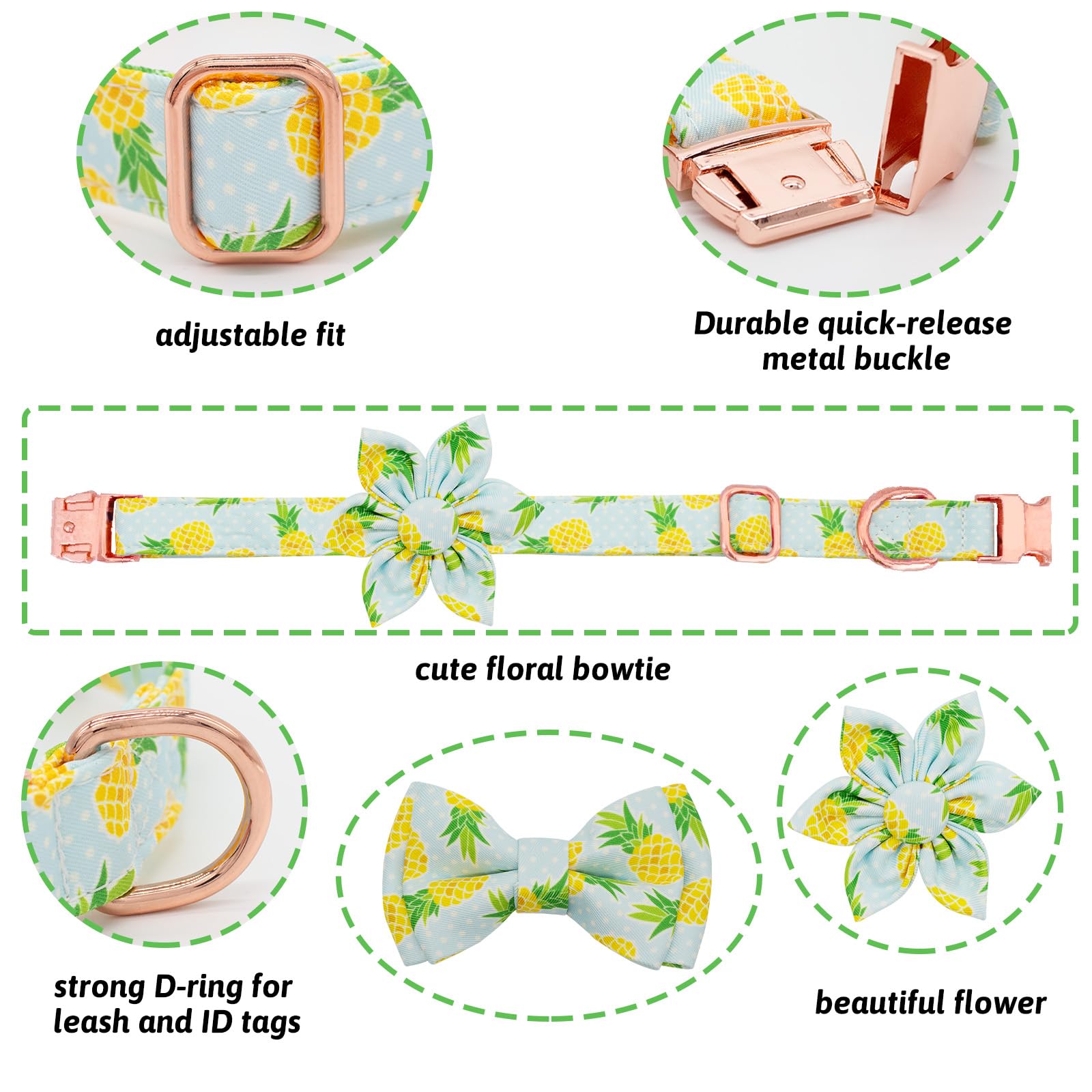 HSIGIO Dog Collar and Leash Set Girls Adjustable Puppy Collars with Fruit Bow Tie for Small Medium Large Female Dogs, Pineapple,