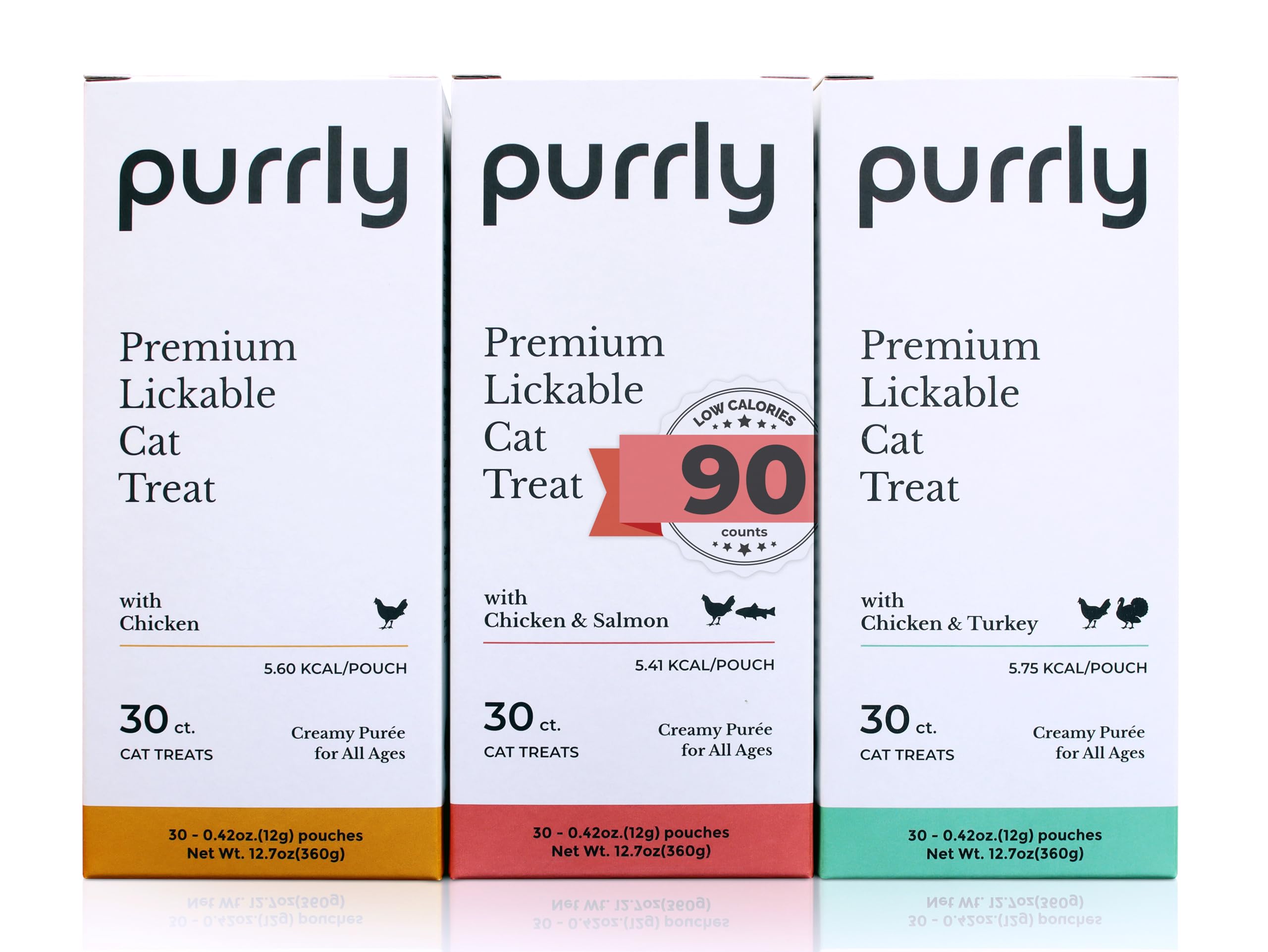 Purrly Low Calorie Premium Lickable Cat Treat Topper Healthy Chicken Variety Bundle (90 Count) Human-Grade Protein Sources with 