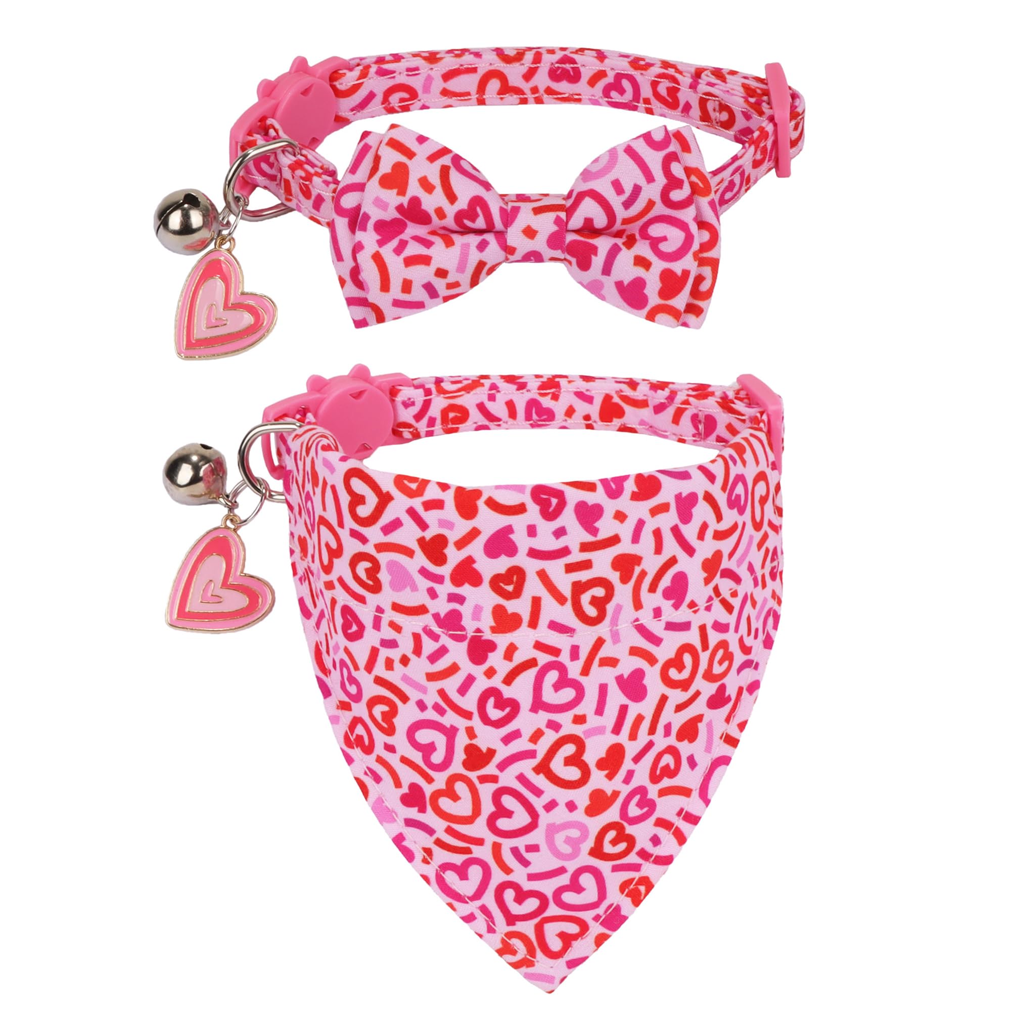 Adoggygo Pink Valentine Cat Collar With Bowtie Bandana, Valentine Kitten Bowtie Collar, Pet Heart Collars For Cat Kitten