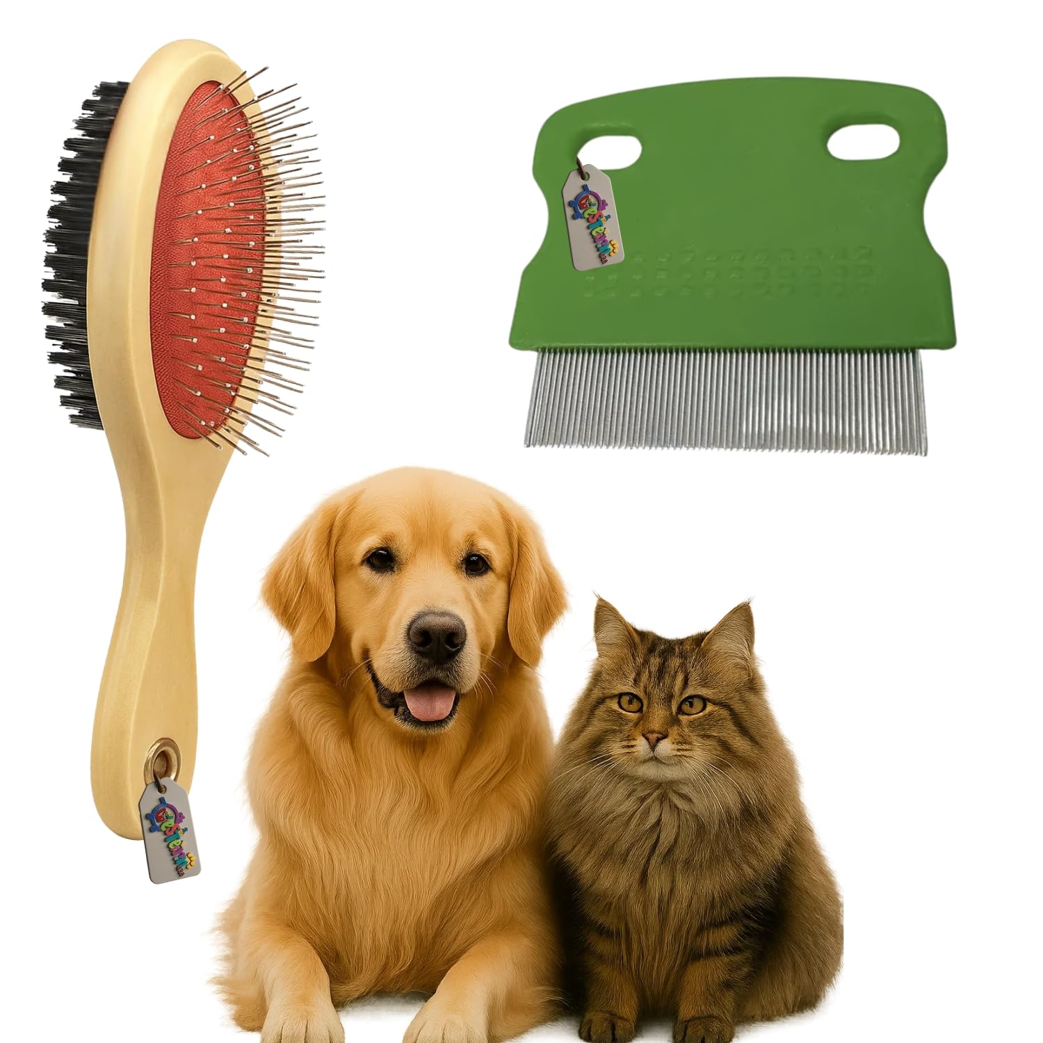 Western Era 2 In 1 Pet Bathing Grooming Combo For Dogs & Cats | Wooden Brush With Double Side Bristle For Deshedding | Palm Flea