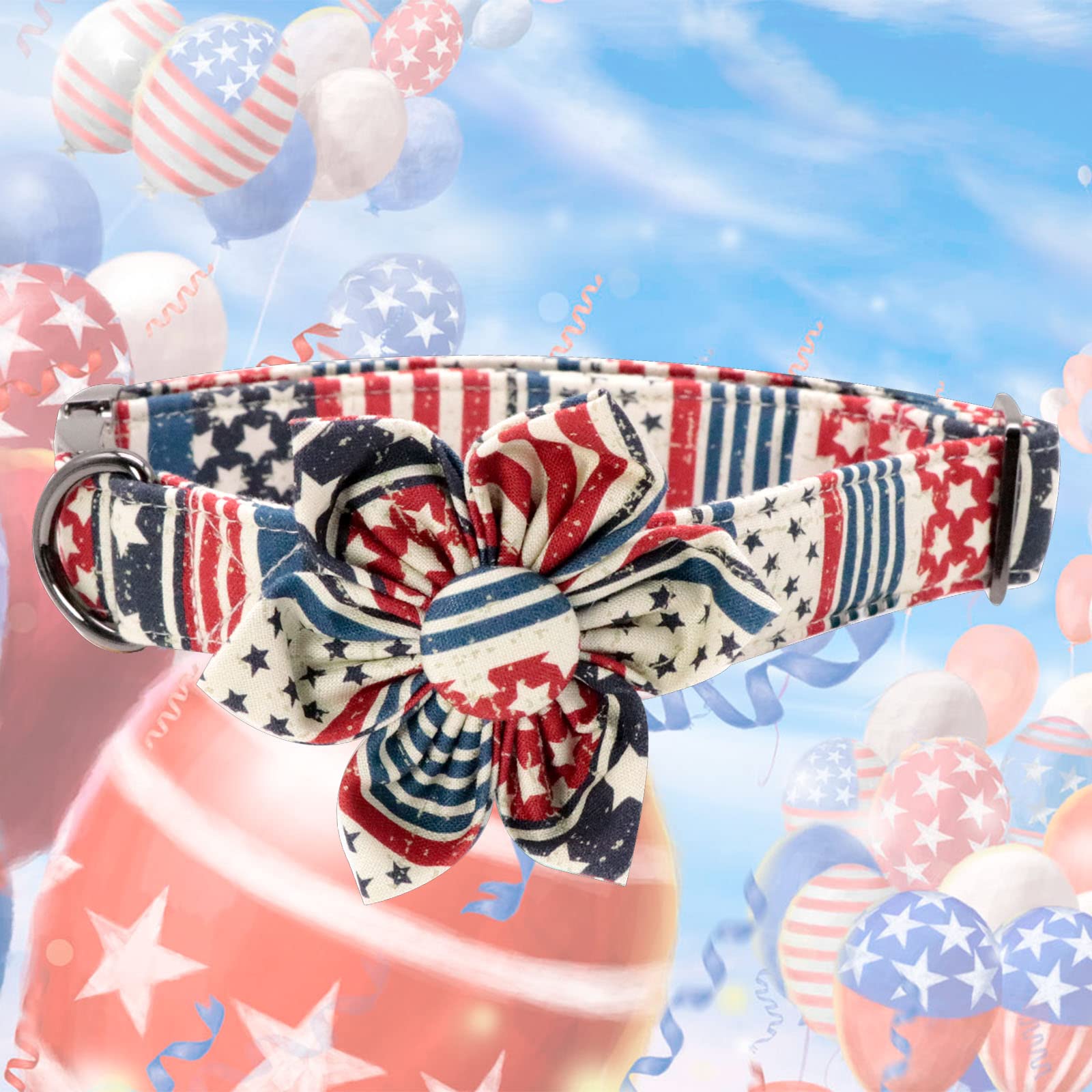 Elegant Little Tail Us Flag Dog Collar, Cute Detachable Dog Collar With Flower, Gift Pet Collar Adjustable Dog Collar For Large