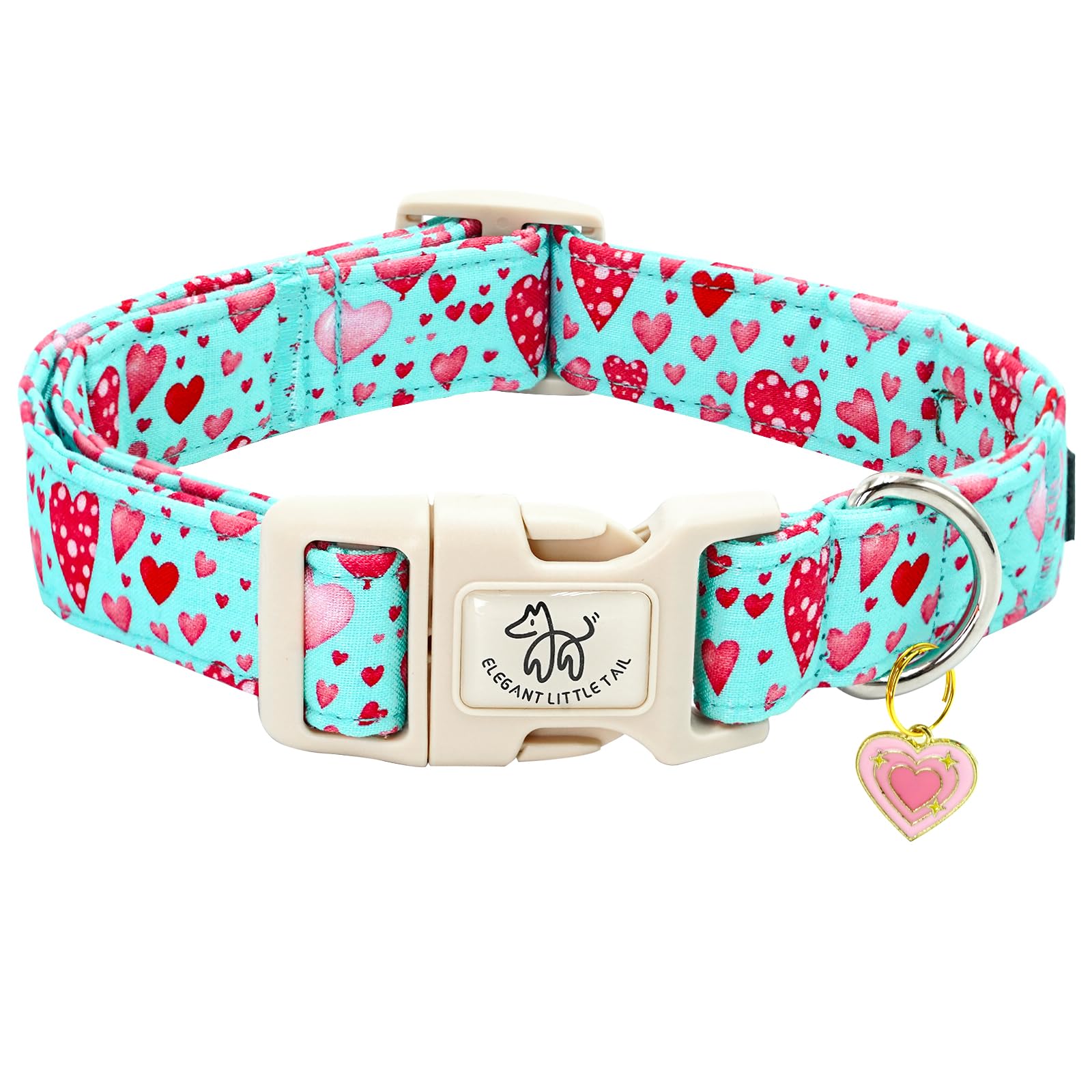 Elegant Little Tail Dog Collar, Pink Heart Dog Collar For Small Dogs, Female Or Male Adjustable Cotton Pet Collar With Quick Rel