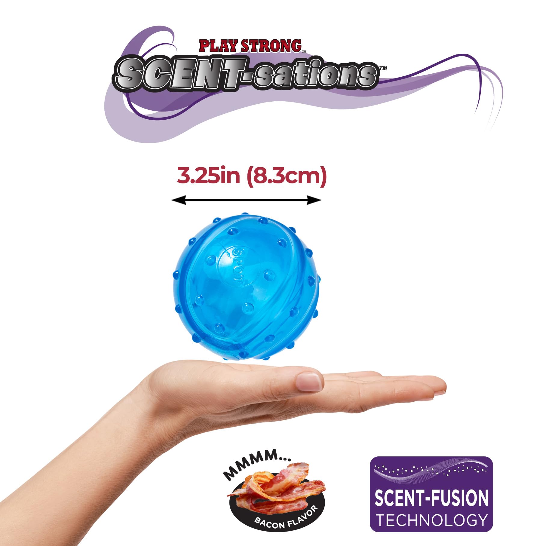 SPOT Play Strong Scent-sations Ball - Durable TPR Rubber, Bacon Flavored, 3.25in, Blue, Heavy Duty Dog Toy for Aggressive Chewers
