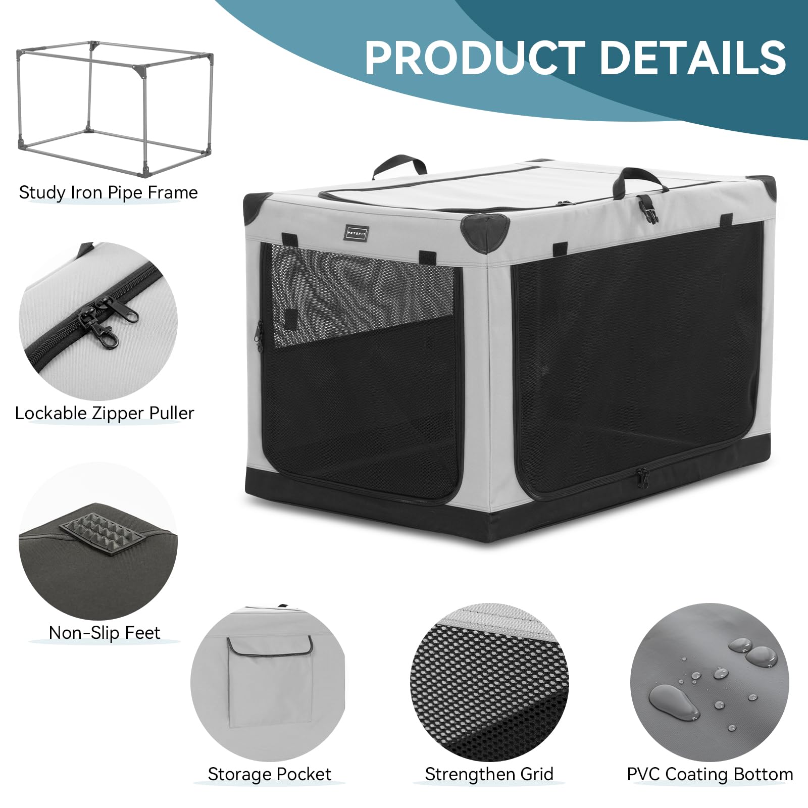 Petsfit 26 Inch Dog Travel Crate, Adjustable Fabric Cover By Spiral Iron Pipe, Chew Proof 3 Door Design, Portable Dog Kennel Ind