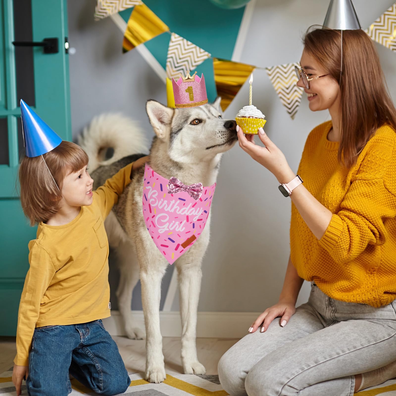 Ptdecor Dog Birthday Party Supplies, Multi Size Birthday Girl Bandana, Pink Crowns Hat Set For Large X-Large Pets (X-Large)