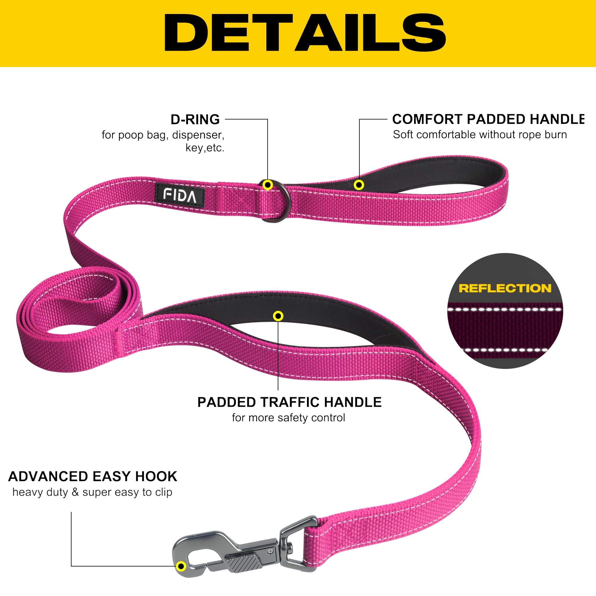 Fida 6 Ft Heavy Duty Dog Leash With 2 Comfortable Padded Handles, Traffic Handle & Advanced Easy Snap Hook, Reflective Walking Lead For Large, Medium & Small Breed Dogs, Rose