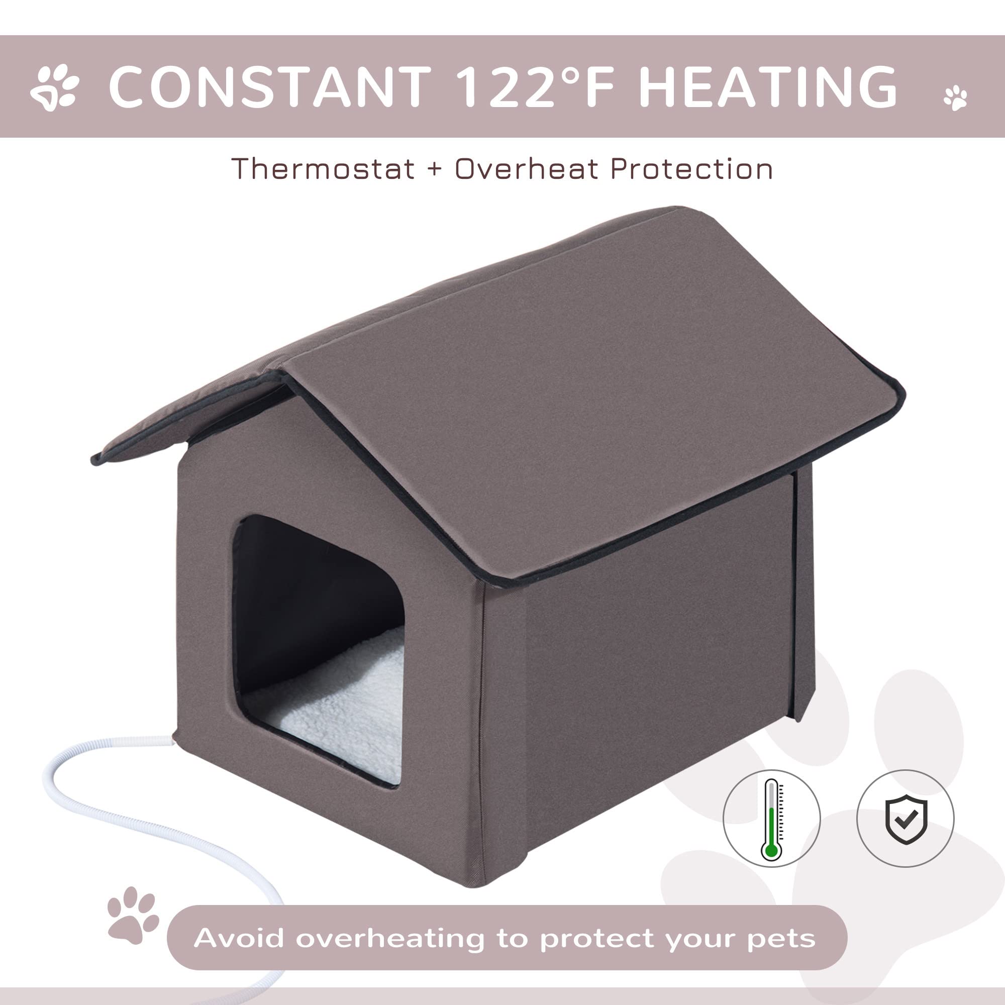 Pawhut Heated Cat Houses For Outdoor And Indoor, Portable Kitty Shelter, Waterproof And Insulated, Brown
