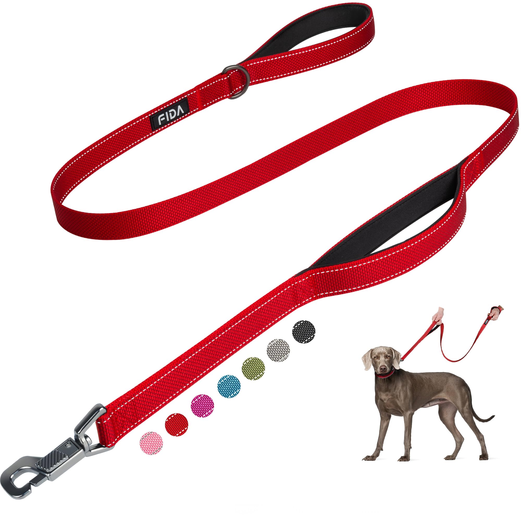 Fida Heavy Duty Dog Leash - 5 FT Nylon with Padded Handles, Reflective, Red