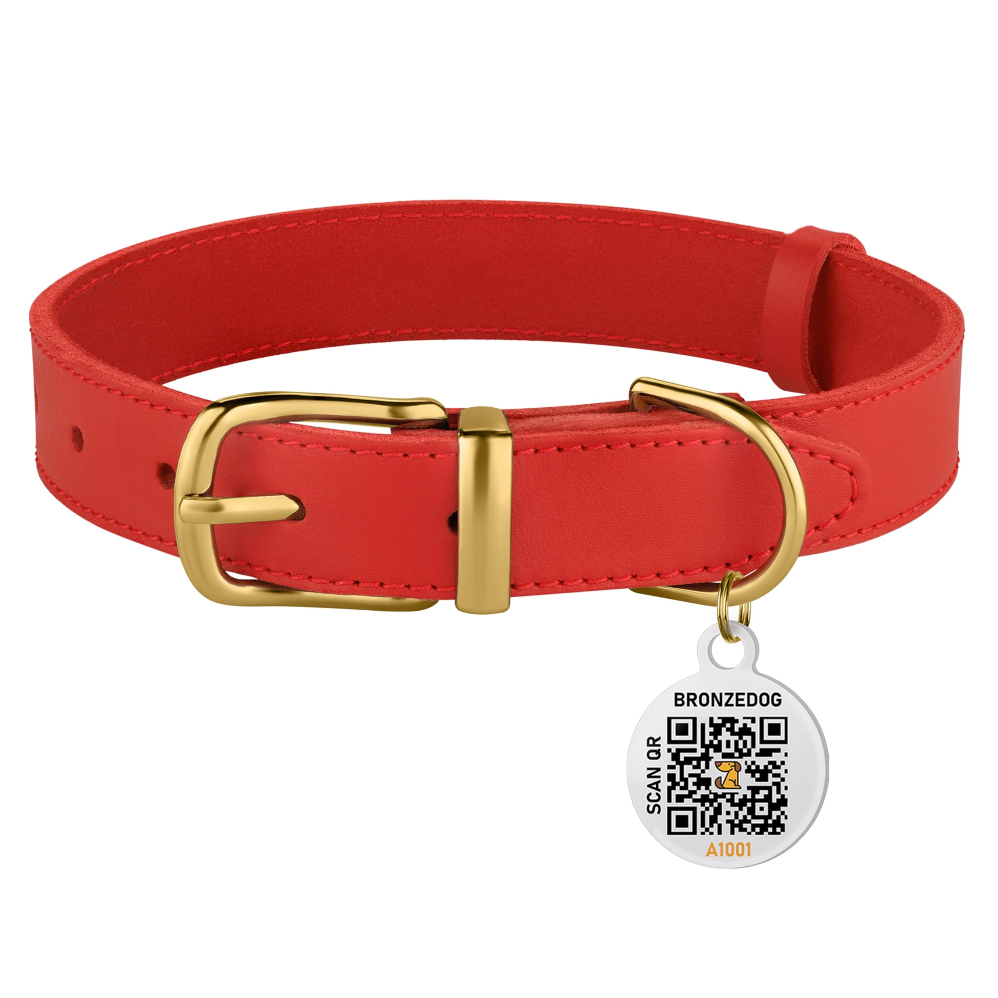 Bronzedog Leather Dog Collar With Metal Buckle Durable Basic Pet Collars For Small Medium Large Dogs (14-17 Inch (Pack Of 1), Red & Gold Buckle)