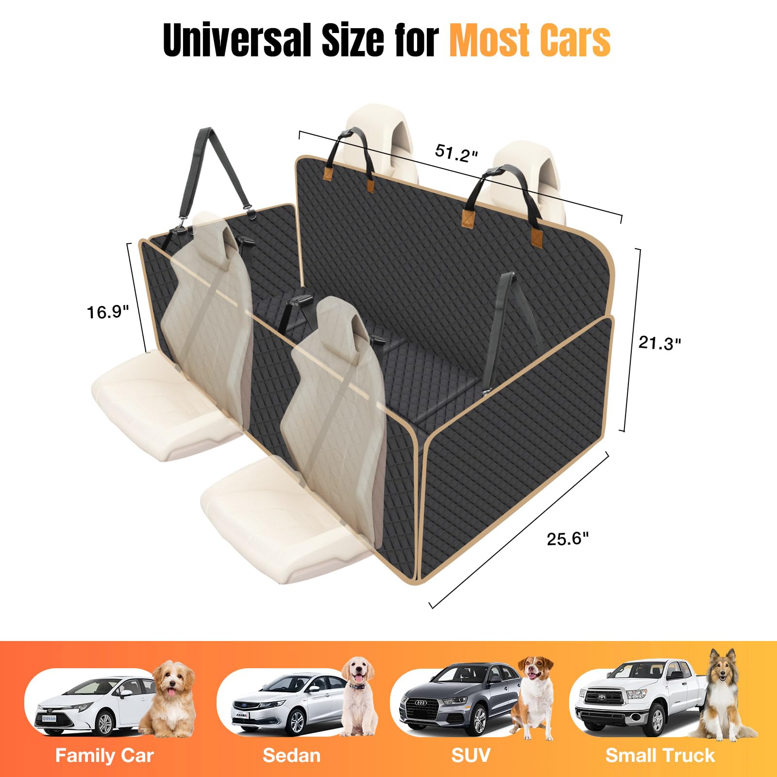 Lekespring Dog Car Seat Cover, Black Hammock for Cars & SUVs, Model PT24003, Strong Hard Bottom, 4 Panels, Back Seat Extender
