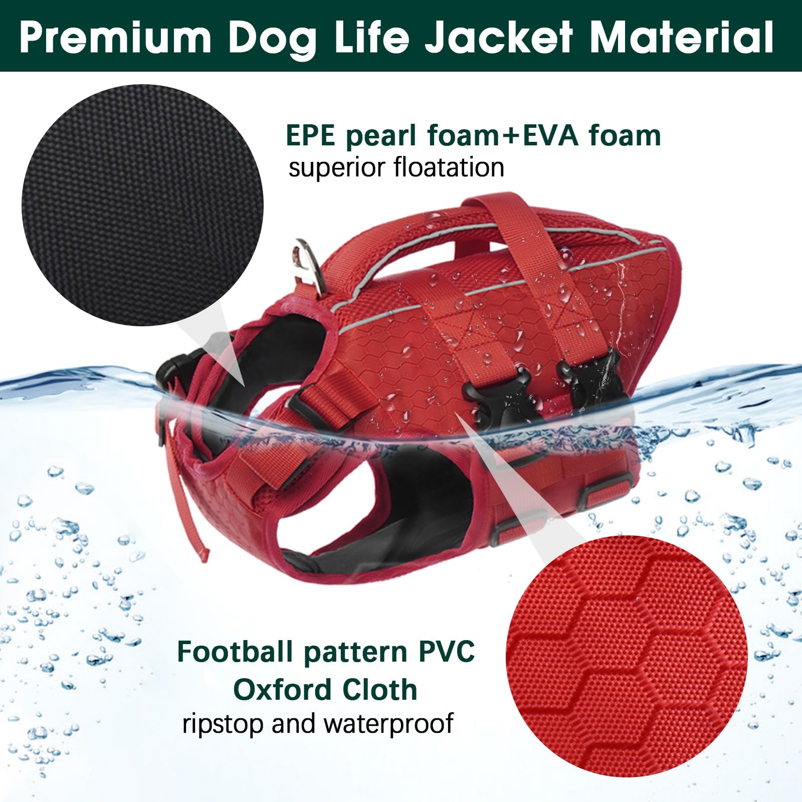 Kuoser Dog Life Jacket High Flotation, Reflective Dog Life Vest For Swimming Boating, Adjustable Small Medium Large Dog Lifejacket, Lightweight Dog Life Preserver Rescue Handle Spring Summer Pool