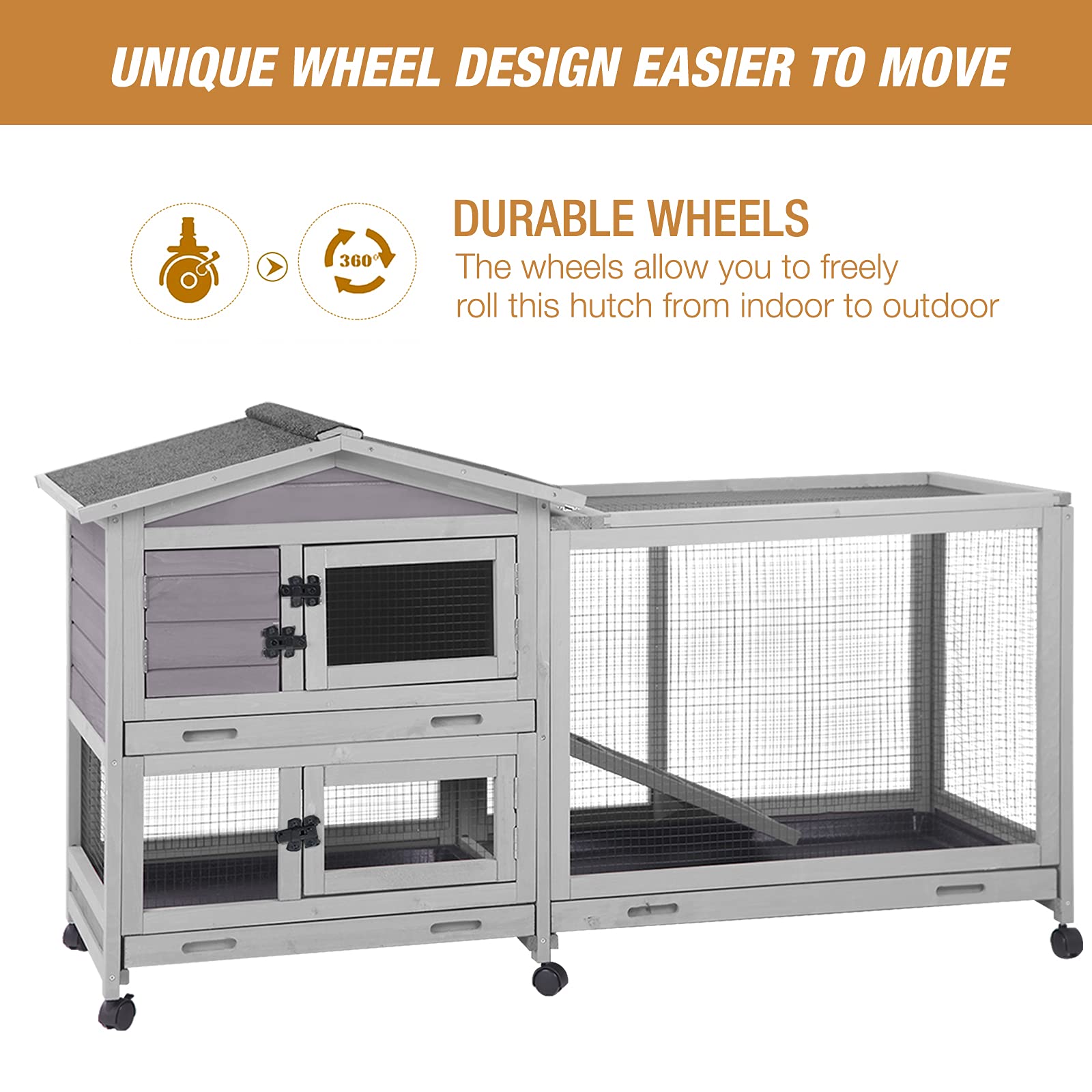 Bunny Cage Indoor And Outdoor Rabbit Hutch With Casters Waterproof Roof, Pull Out Tray From Back And Front 61.2' L X 22.6' W X 33.5' H