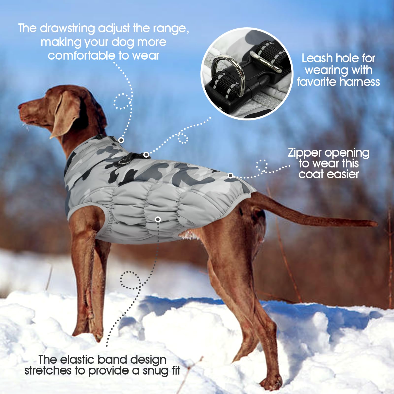Fuamy Dog Winter Jacket, Padded Dog Vest With Built-In Harness, Water Resistant Coat - Grey Camo Xl