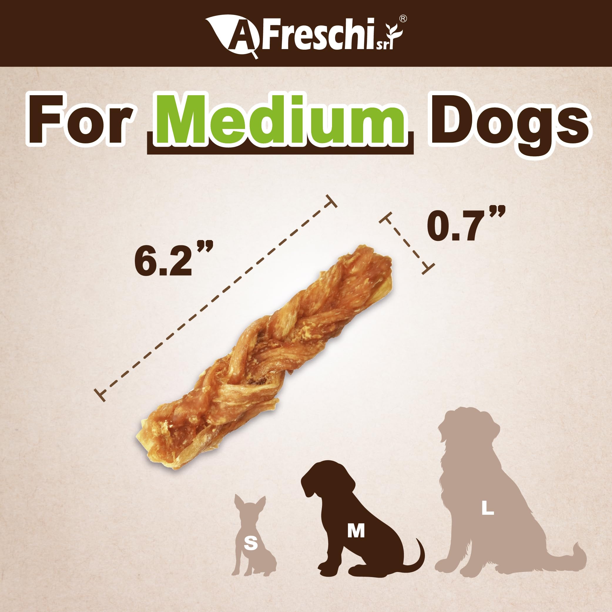 A Freschi srl Turkey Tendons for Dogs, Rawhide-Free, Hypoallergenic Treats, 8 oz Braid, Healthy Chews for Medium Breeds